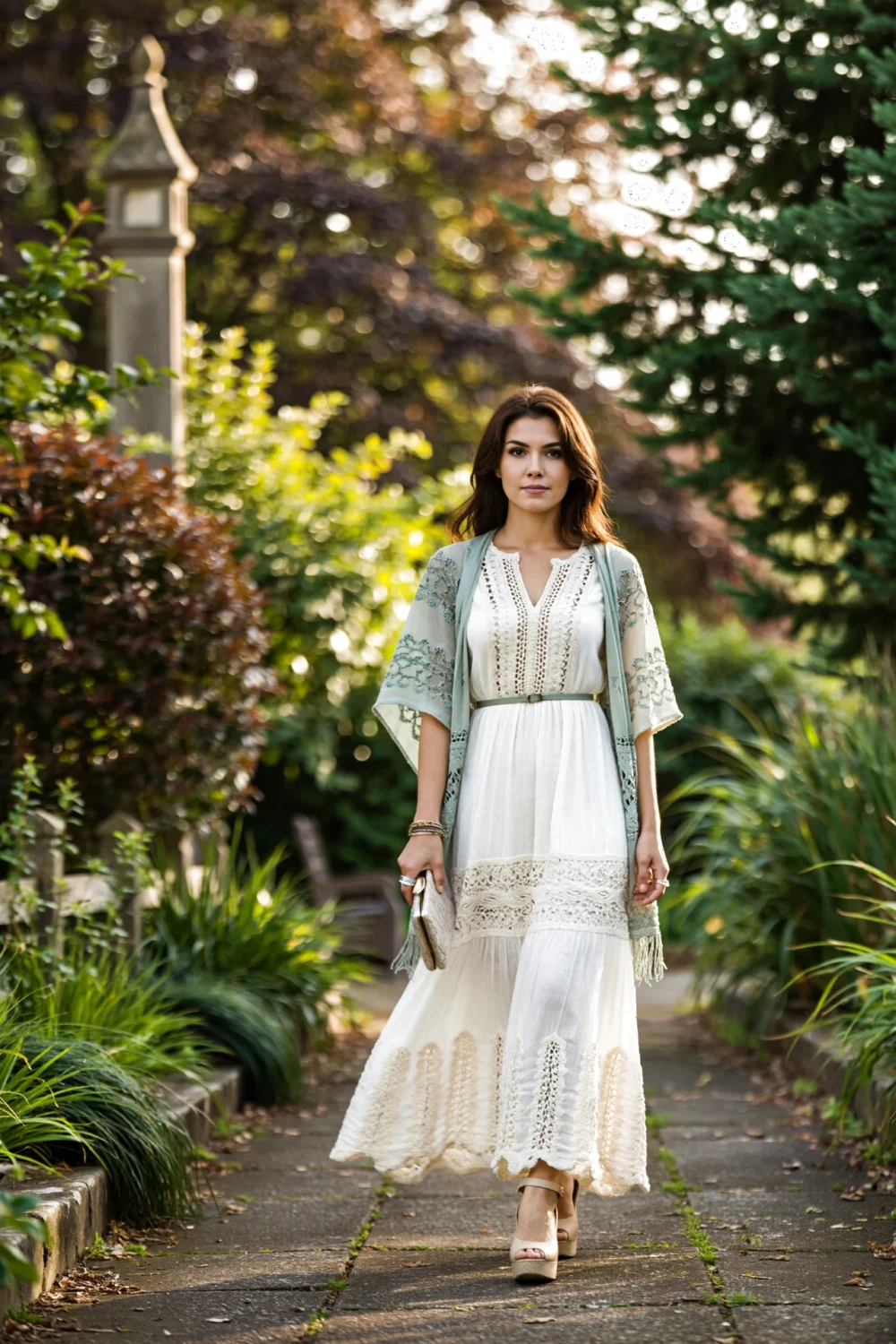 Woman walking on garden path in lined white embroidered flowy maxi dress with slim belt, mint pashmina shawl and wedge heels.