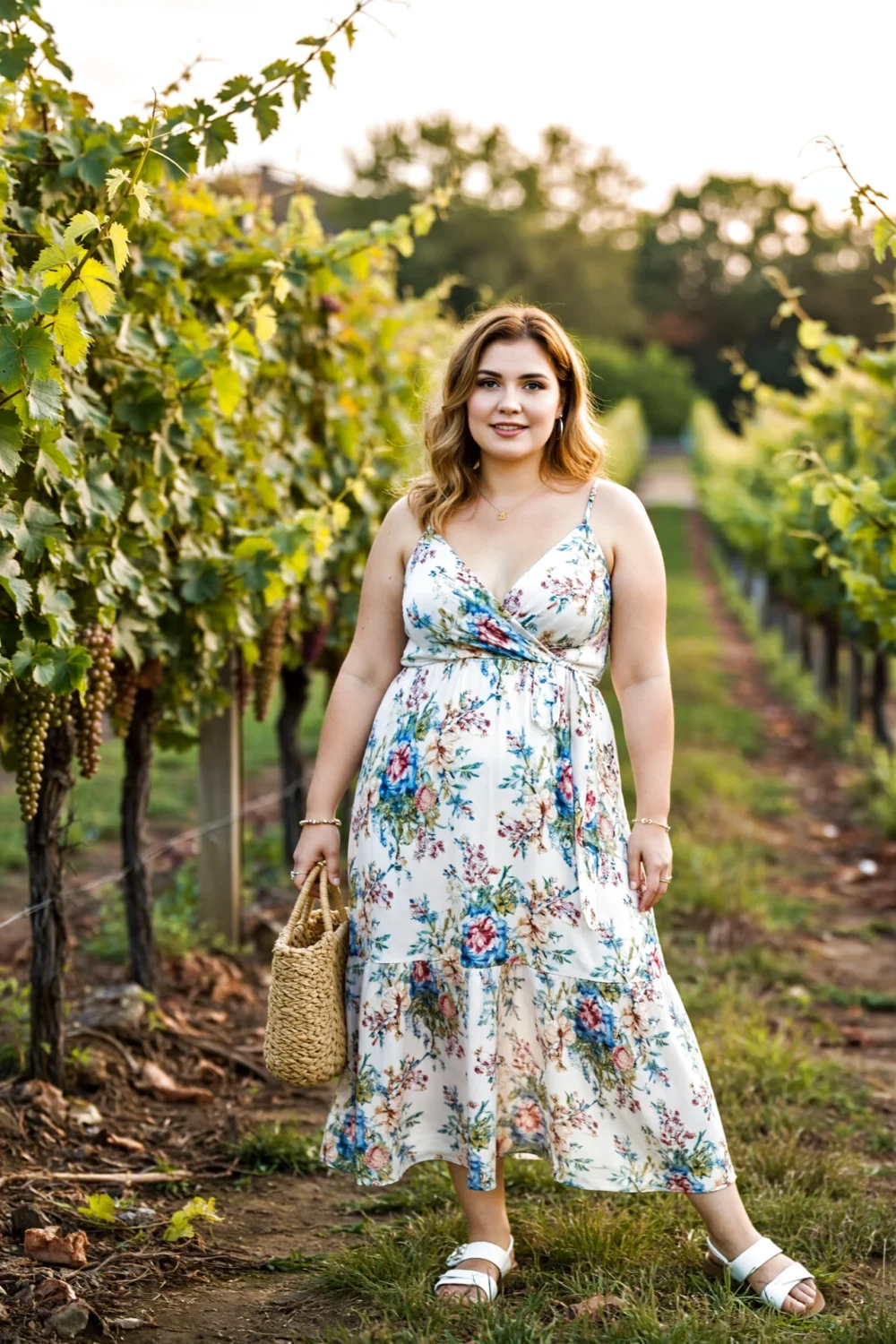 Woman in a floral romantic flowy wrap maxi dress and sandals holding a straw bag, standing among grapevines in a sunlit vineyard.
