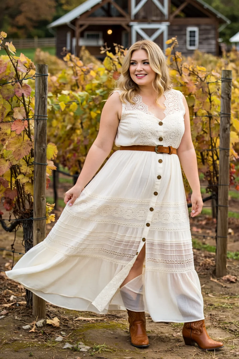 Bohemian rustic maxi dress with lace details and belt, flowing in autumn vineyard scenery for a countryside fall wedding guest look