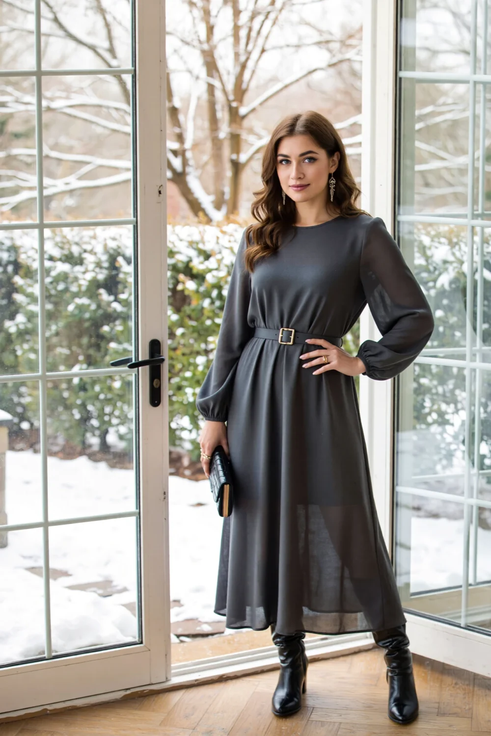 Woman in long-sleeve charcoal flowy maxi dress cinched with belt, holding clutch by snowy window evoking ethereal winter magic
