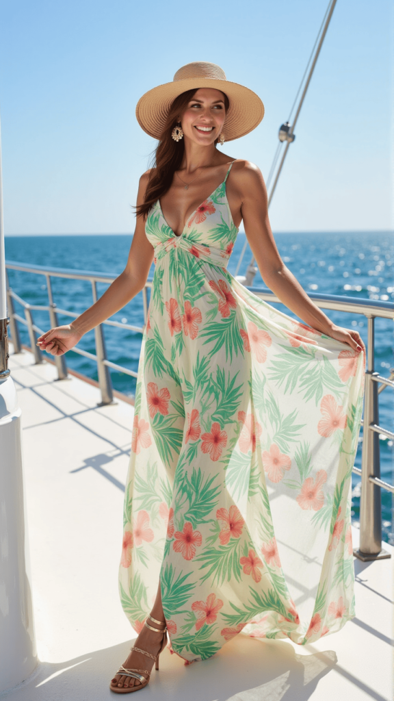 A woman wearing a floral maxi dress and a straw hat on a yacht.