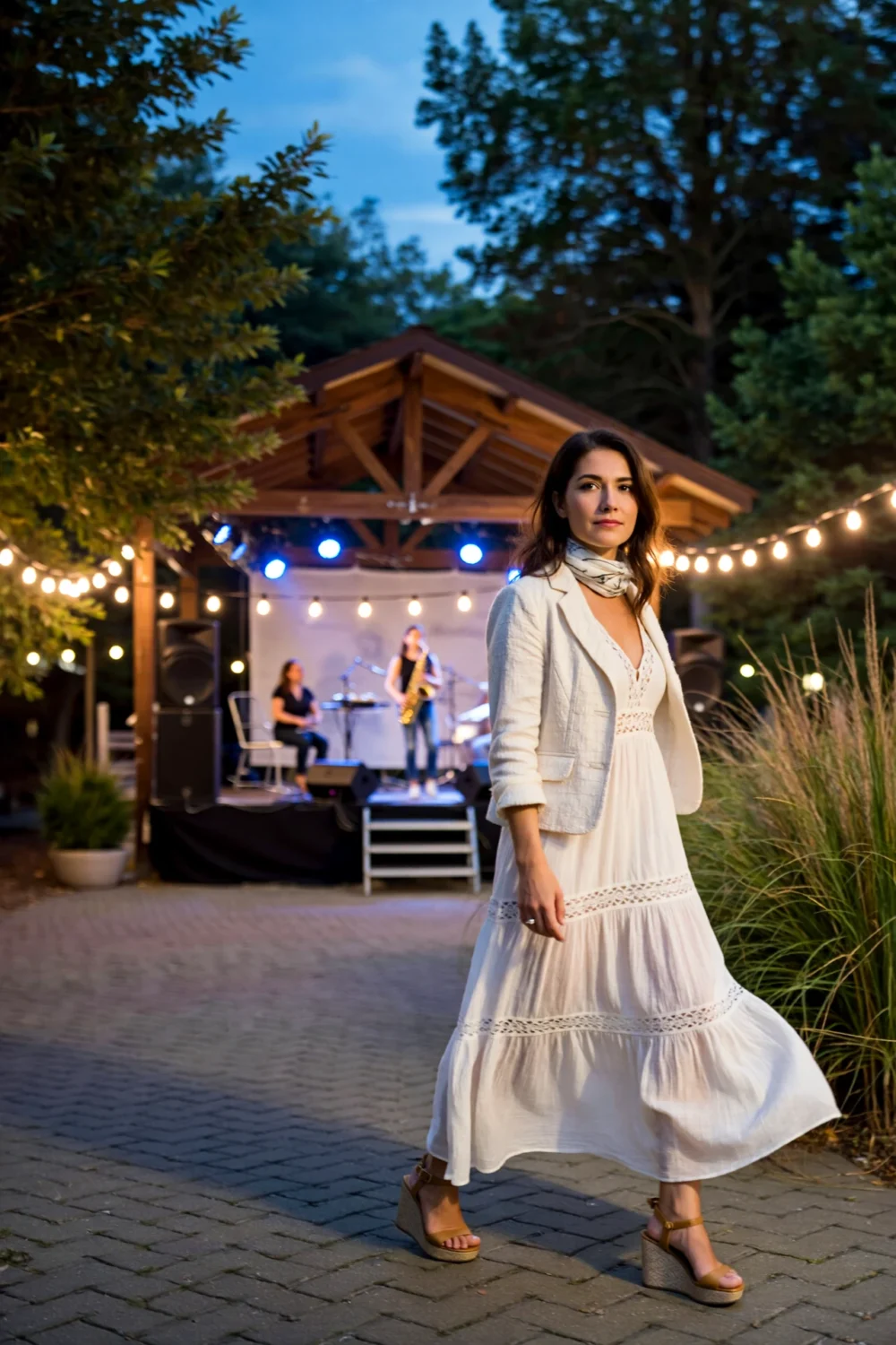 Woman in a flowy white maxi dress and jacket at an outdoor jazz night, wearing wedges for comfort and style.
