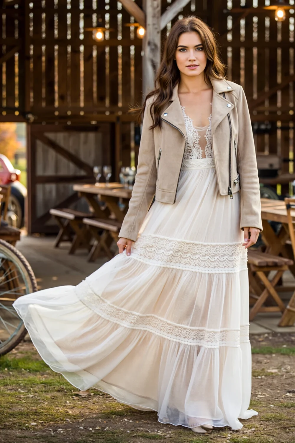 Flowy lace maxi dress with suede moto jacket for a rustic fall wedding, blending romantic softness with edgy warmth and movement