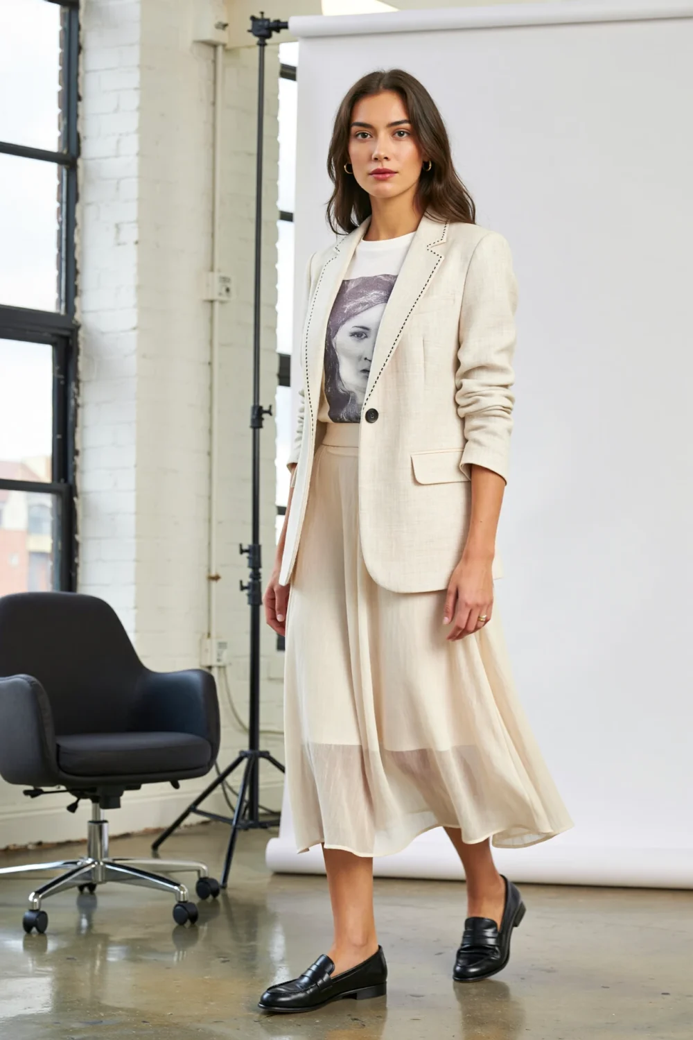 Model in flowy midi skirt, graphic tee and collarless blazer, styled with polished loafers for a modern, summer-ready look