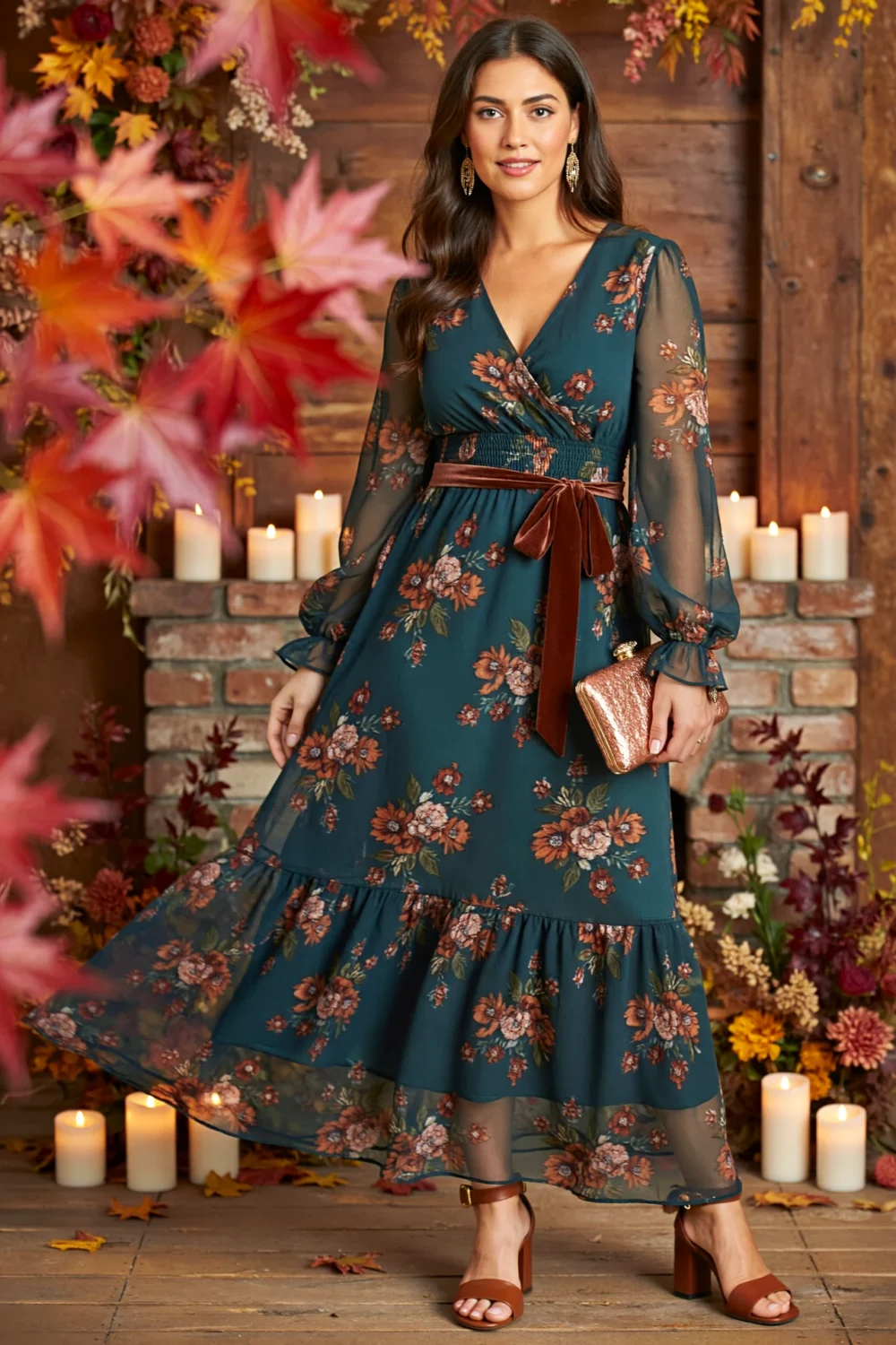 Deep teal floral chiffon maxi with flutter sleeves and velvet ribbon belt, styled for an autumn wedding amid candles and fall leaves