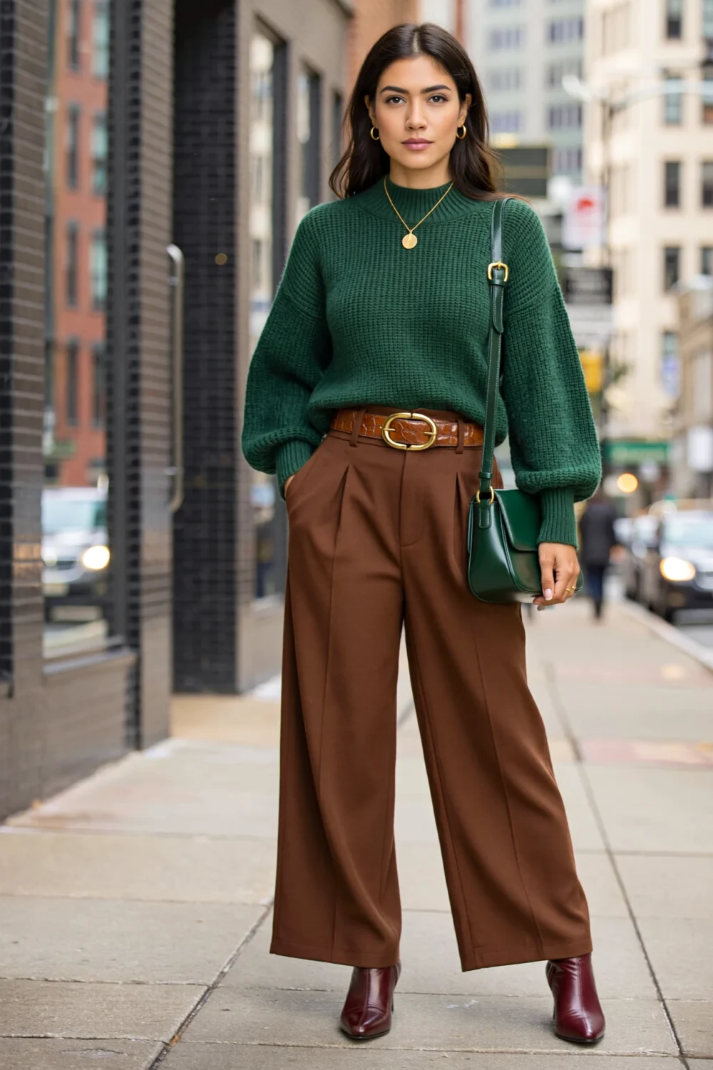 Woman in forest green knit and chocolate wide-leg trousers with cognac belt, dark green bag, and mahogany boots on city sidewalk