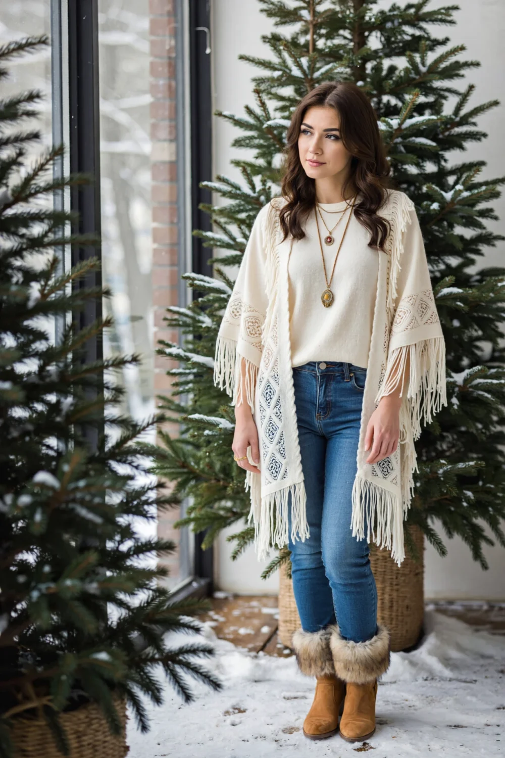 Woman in cream fringed kimono over straight-leg jeans and tan boots with faux fur cuffs, layered necklaces, winter look by pines