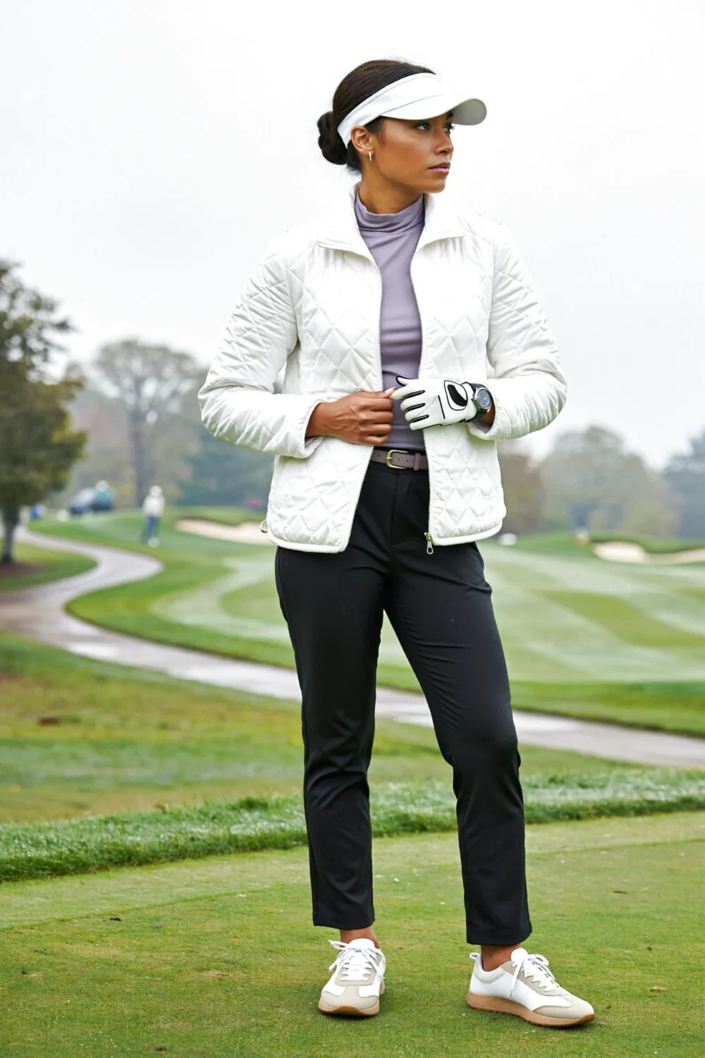Golfer on a fairway in a white chevron quilted zip jacket over a dove-gray mock neck, black ankle pants and white sand sneakers