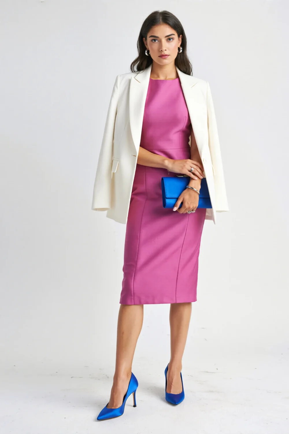 Woman in fuchsia dress with white blazer, cobalt heels and clutch, creating a sharp color-blocked trio with chrome jewelry accents