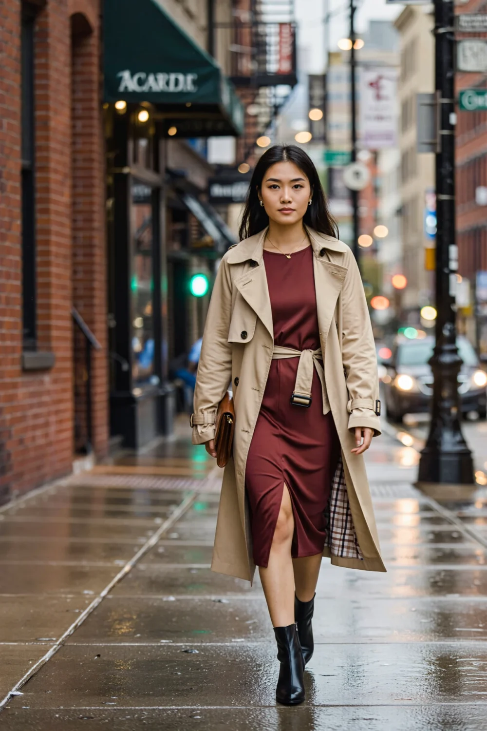 Woman walking on a rainy city sidewalk in a midi burgundy dress and a beige gabardine trench with tied belt and black ankle boots.