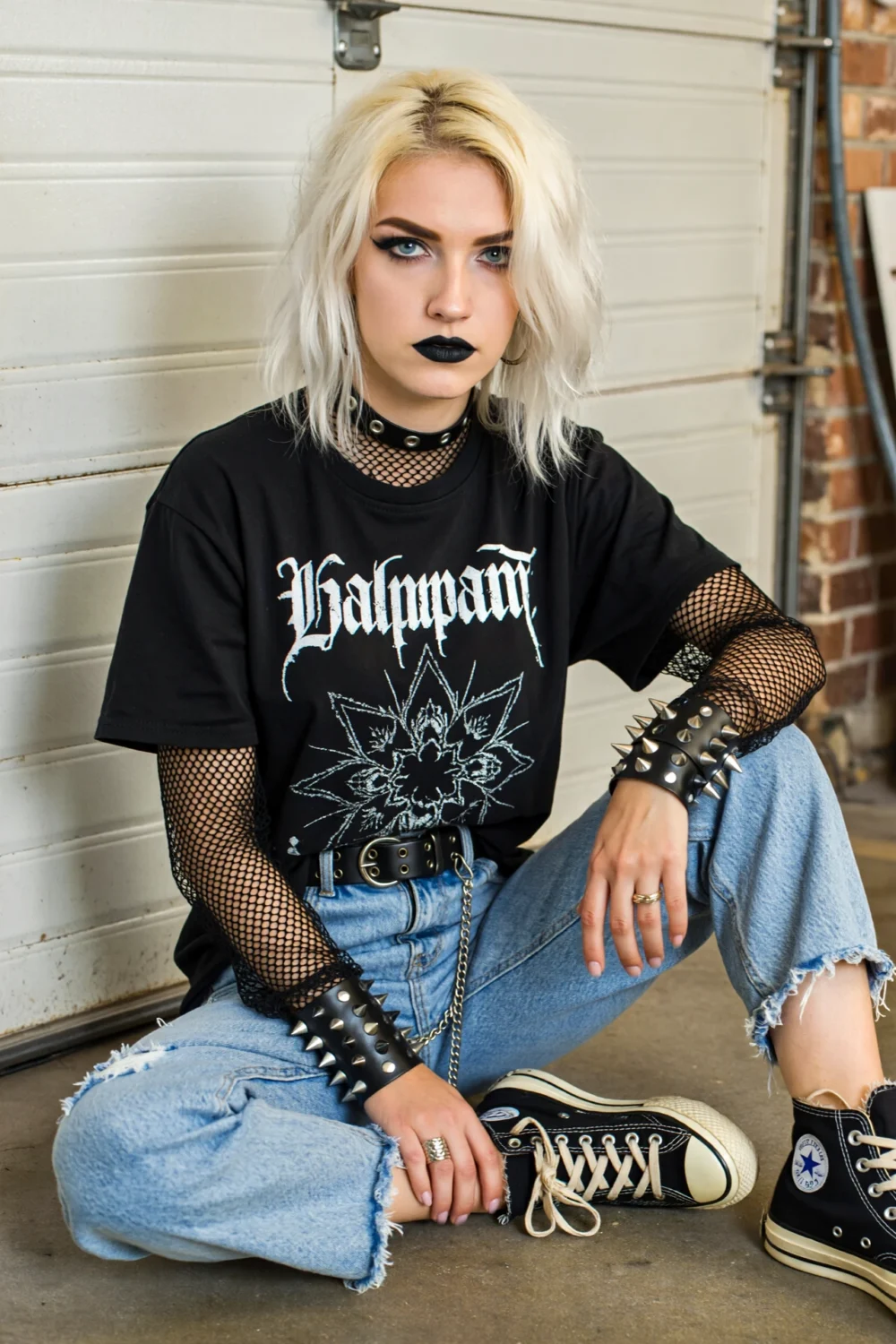 Blonde model in garage-punk slouch, wearing mesh sleeves, band tee, light-wash jeans, studded cuffs, chain belt, and high-top sneakers