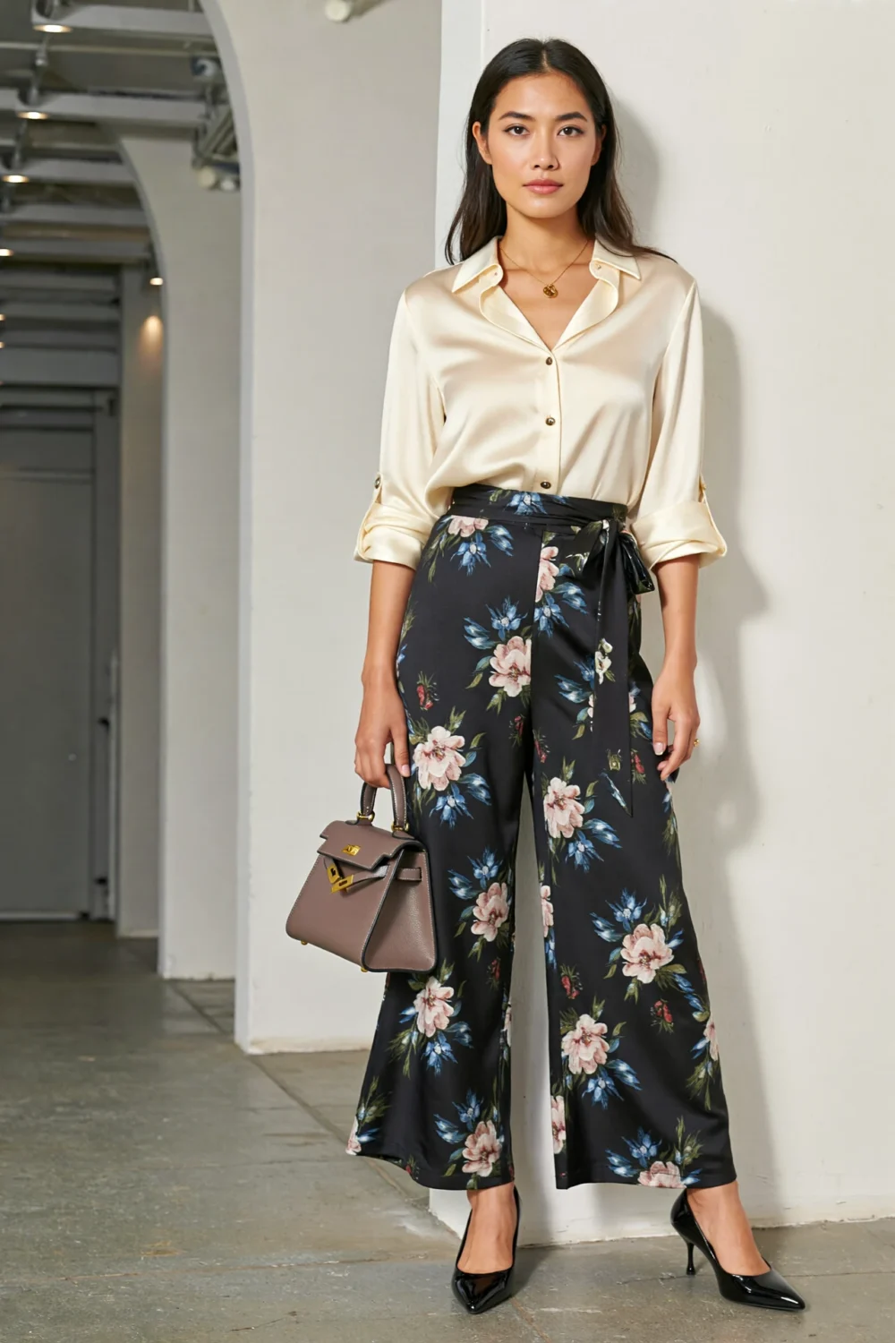 Ivory satin shirt with black floral wide-leg pants and black heels, creating a modern, work-smart garden noir look
