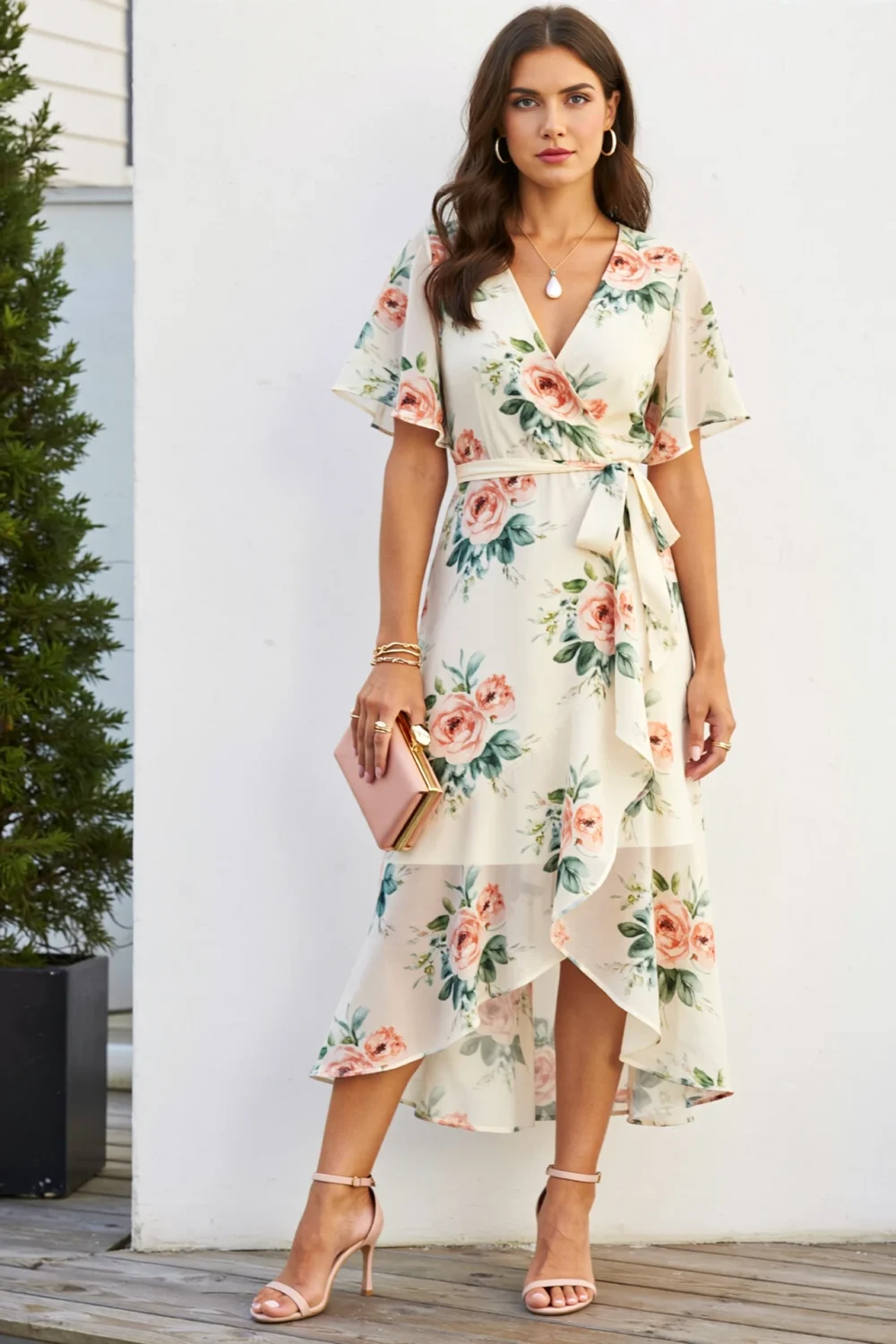 Cream floral wrap dress with flutter sleeves, ruched waist and high-low hem, paired with nude heels and a blush clutch for garden soiree style