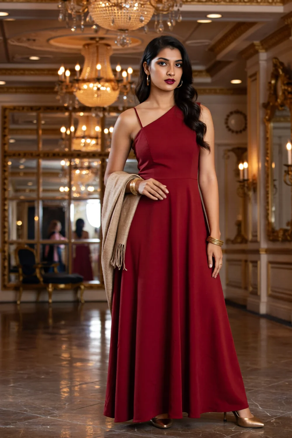 Woman in a garnet red one-shoulder gown with gold jewelry and bangles, holding a beige shawl in an ornate chandelier-lit ballroom.