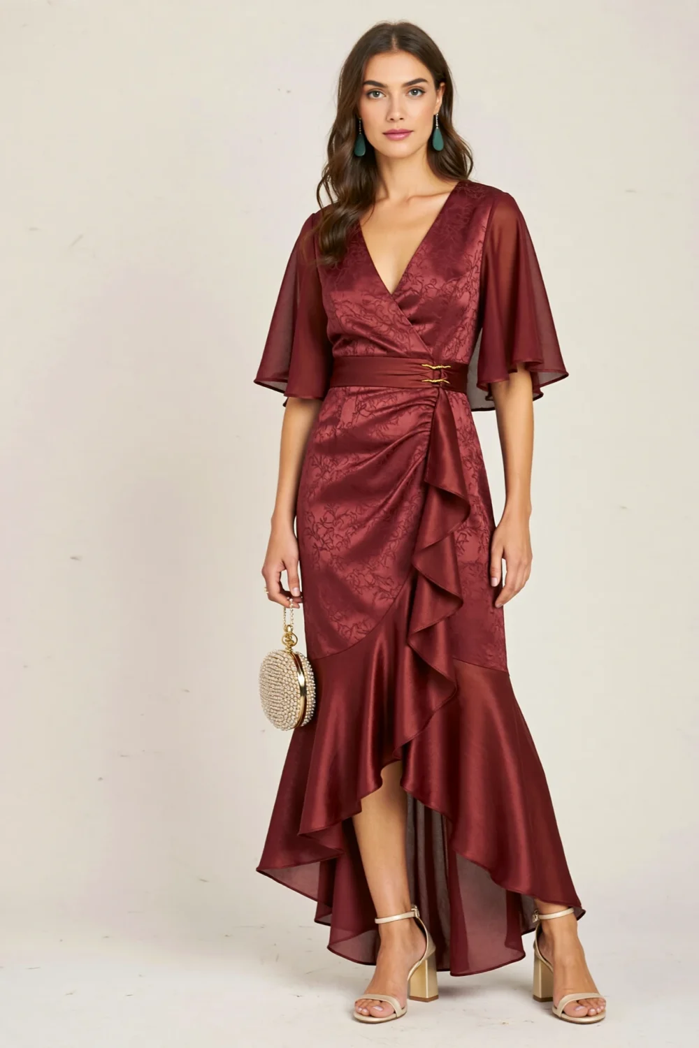 Model in garnet ruffle wrap gown with flutter sleeves, plunging V-neck, high-low hem and gold-tip belt, styled with green earrings and heels.