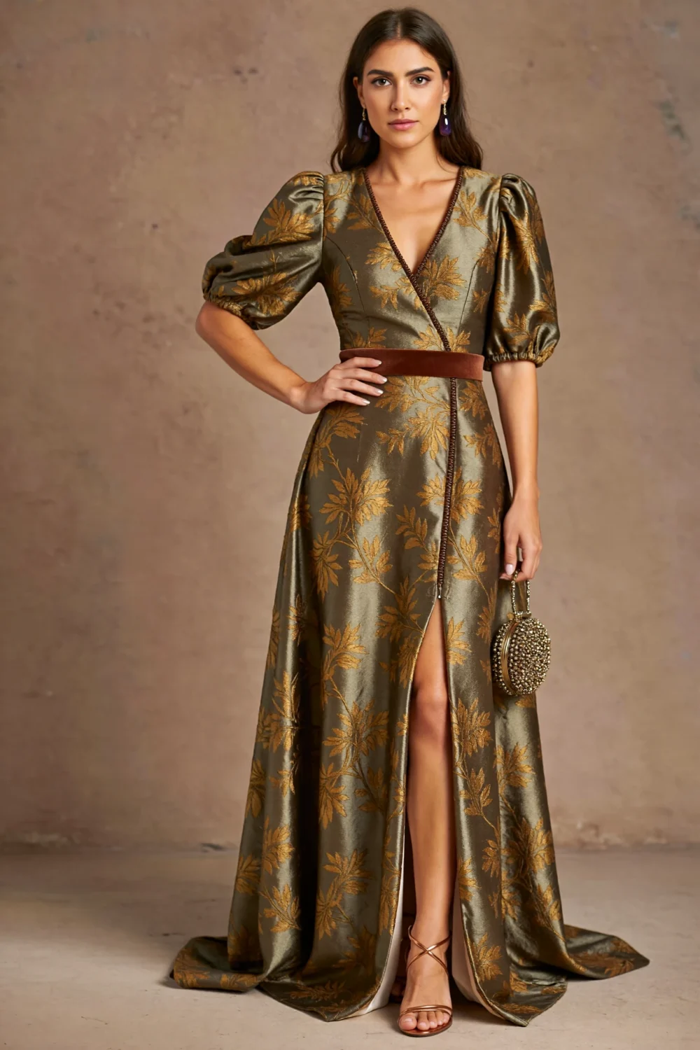 Olive-gold jacquard floor-length gown with puff sleeves, deep V neckline, cocoa velvet belt, and botanical leaf motif shimmer