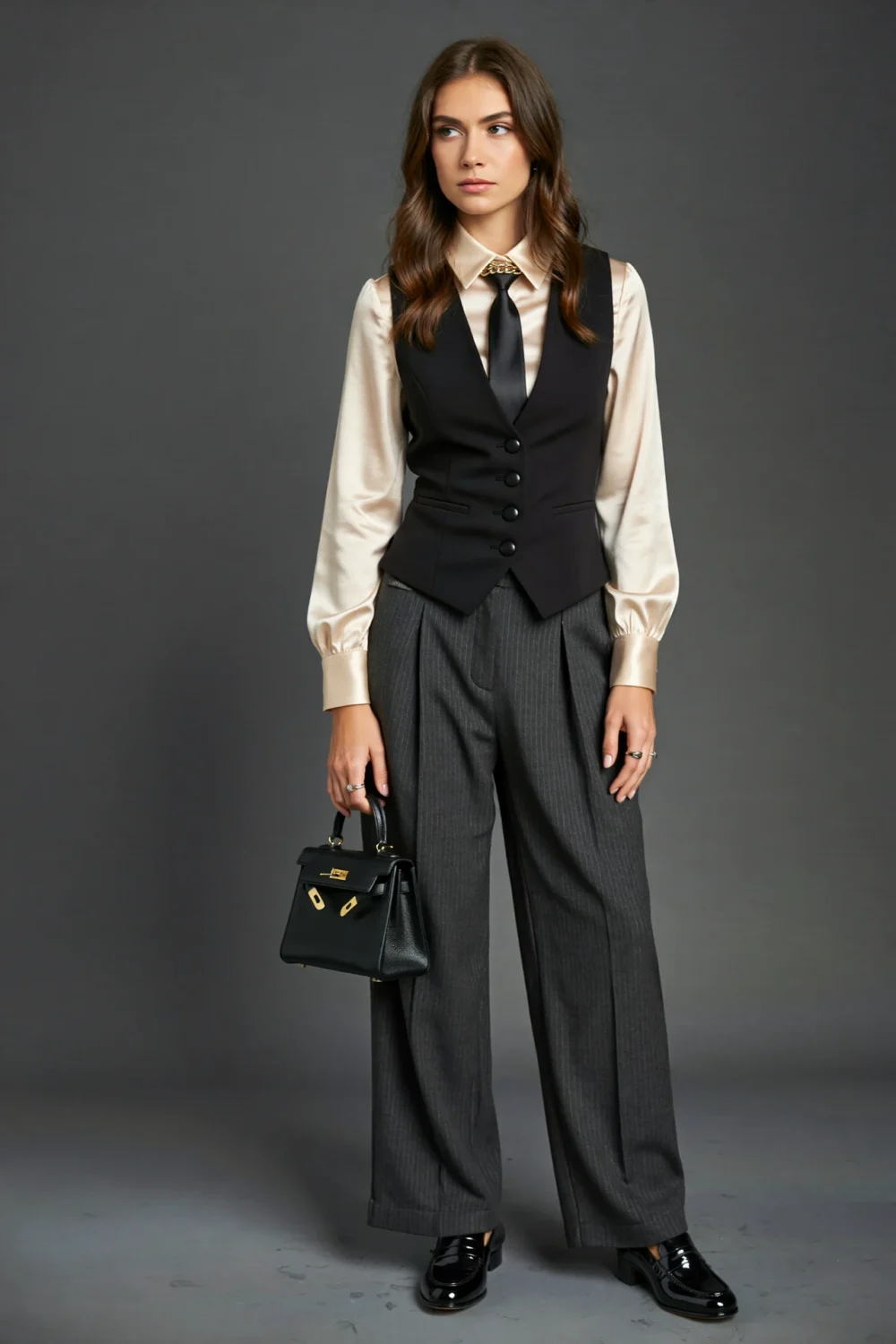 Model in champagne blouse, black waistcoat, charcoal trousers, and tie, creating a sleek Halloween wedding guest outfit with moody tailoring.