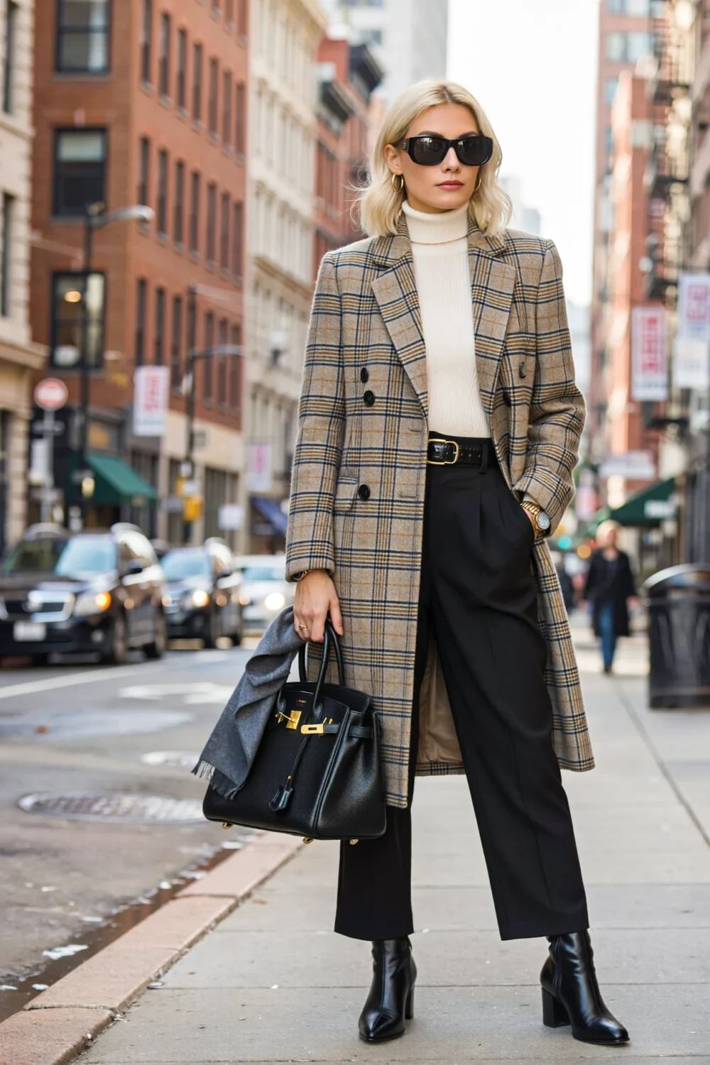 Street style outfit with ivory turtleneck, glen-check coat, black wide-leg trousers, and boots, polished city layers and tailored elegance