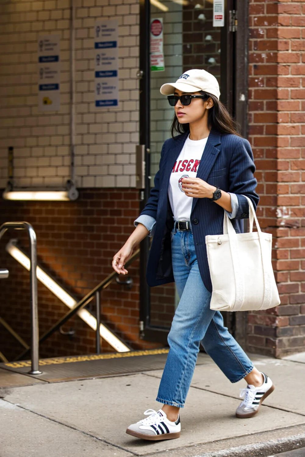 Woman in navy blazer over graphic tee, straight-leg jeans, sneakers, cap, sunglasses and canvas tote, commuter-cool spring city.