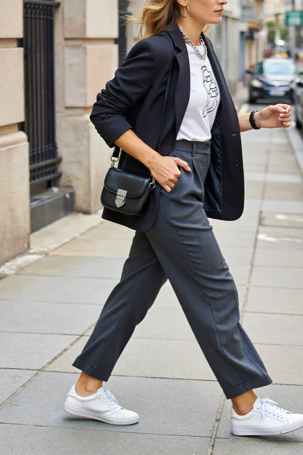 Street style graphic tee power suit with black blazer, charcoal pleated trousers, white sneakers, and a compact crossbody bag outdoors