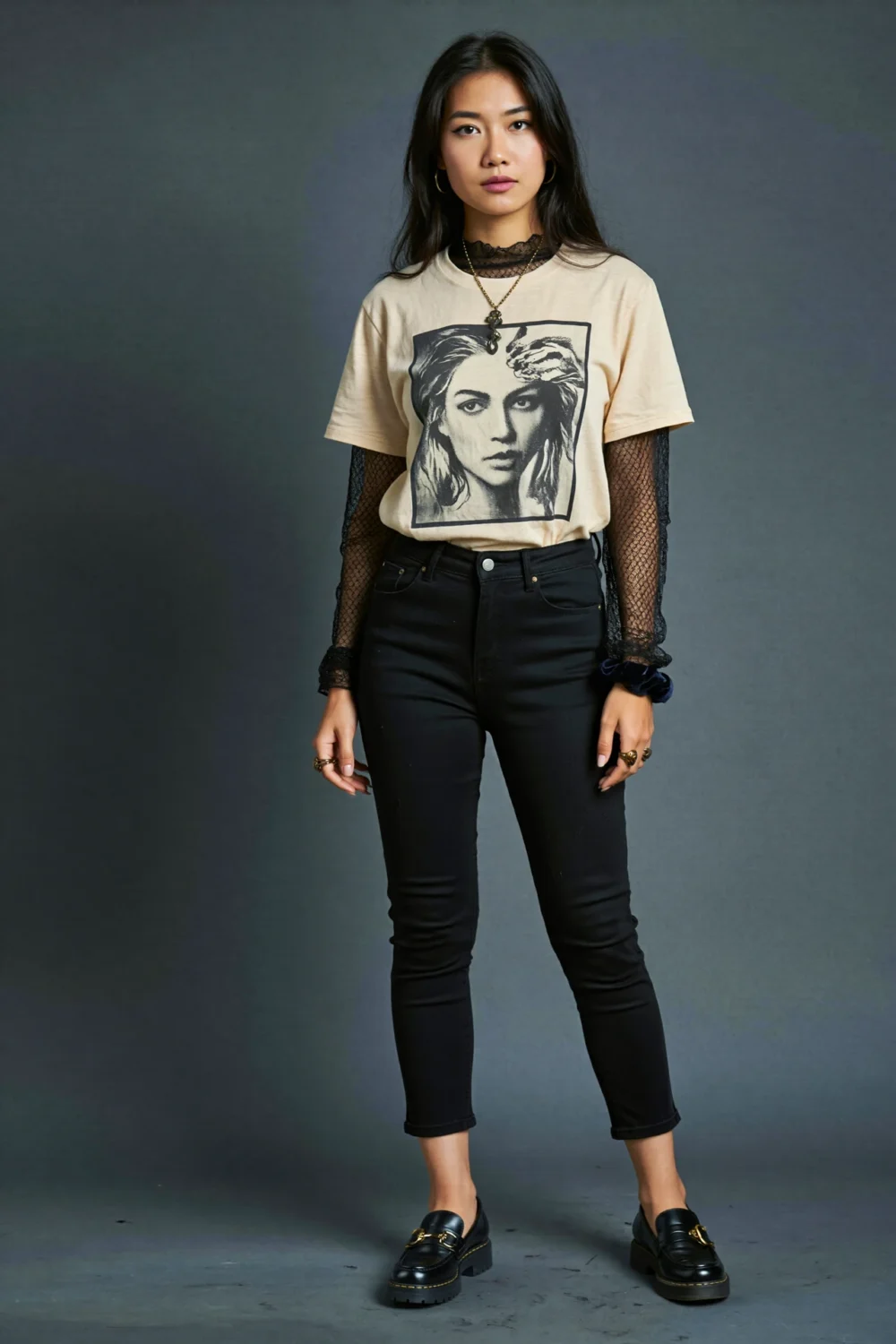 Vintage graphic tee styled with black jeans and sheer mesh underlayer, creating a casual party-ready outfit with edgy layered dimension