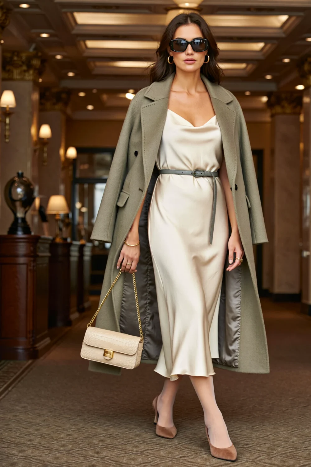 Woman in ivory silk slip dress and greige wool coat, with suede slingbacks and gold accents, for an elegant evening soirée look