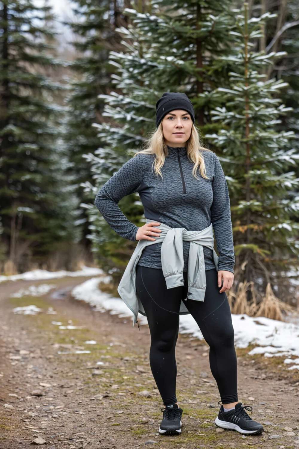 Woman stands on snowy trail wearing a grid-fleece half-zip layered with a light shell tied at waist and high-waist thermal tights.