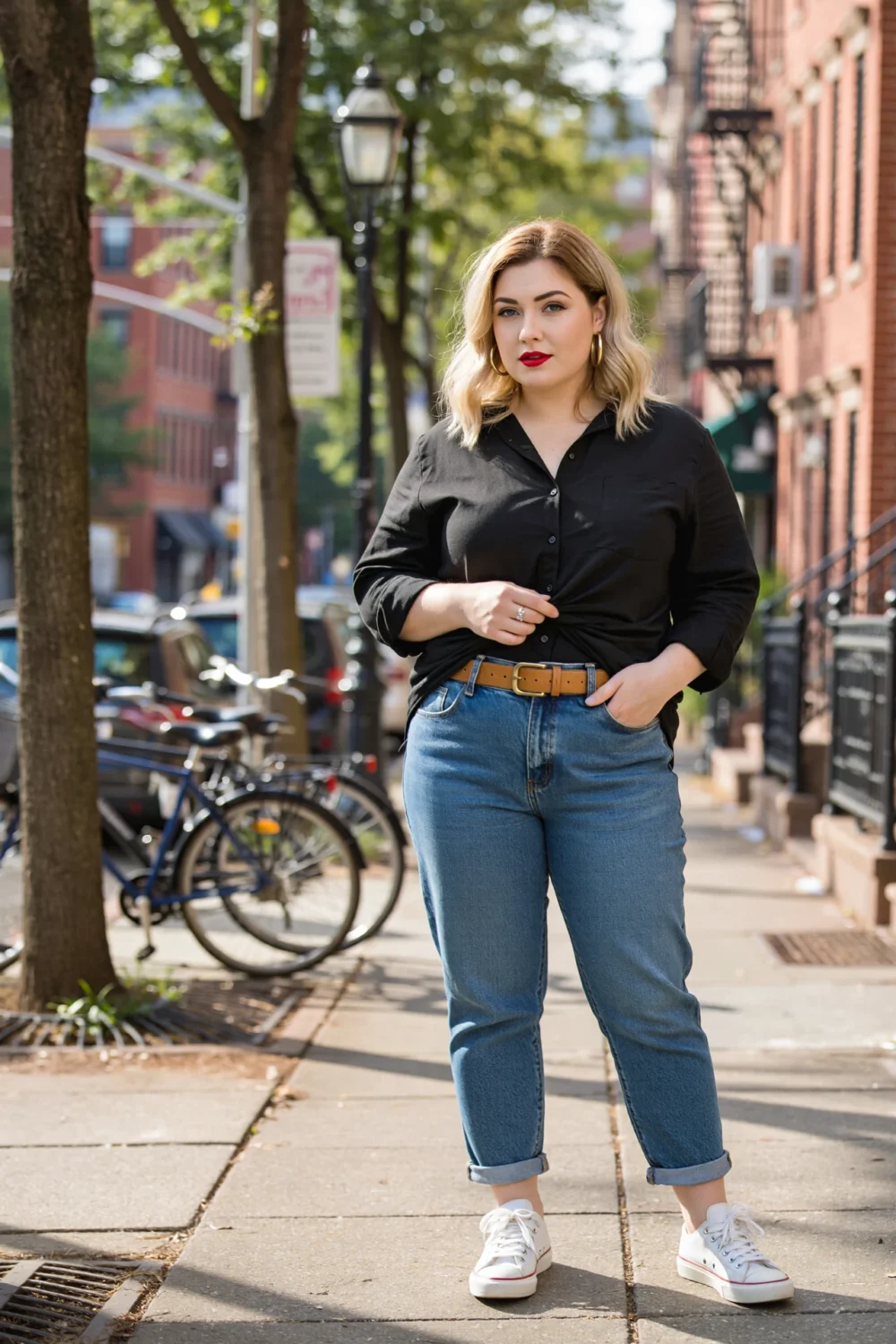 Woman in a half-tucked black shirt and straight-leg blue jeans with a tan belt and white sneakers on a city sidewalk, urban scene.