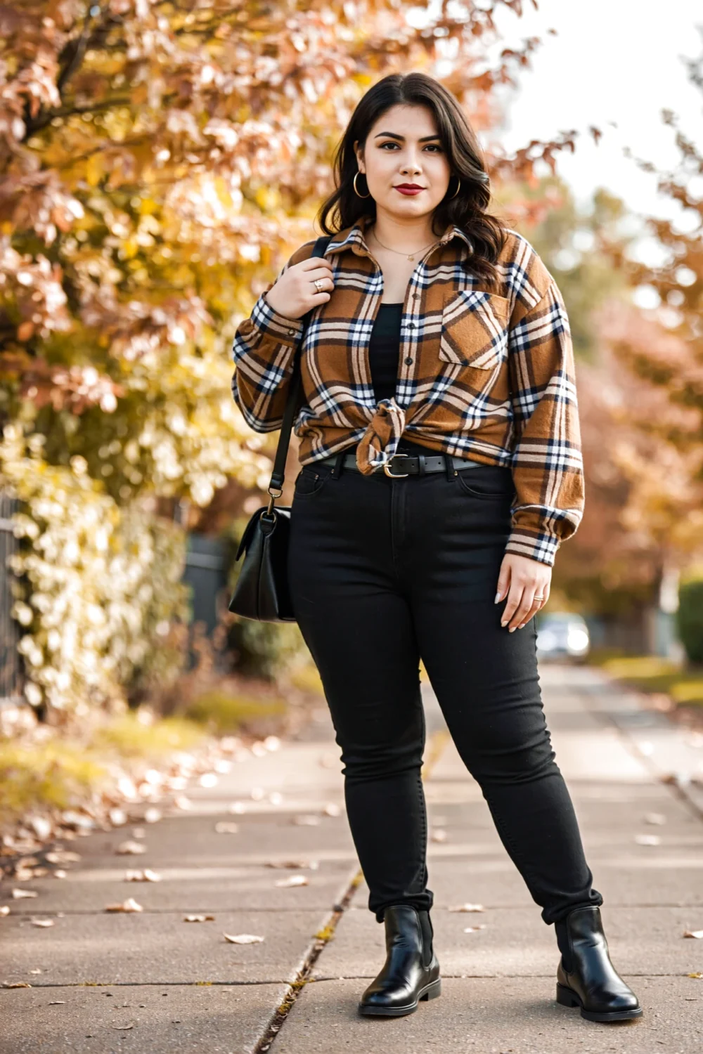 Woman in fall wearing a half-tucked brown plaid shirt, black jeans, belt and Chelsea boots for a relaxed but styled autumn look