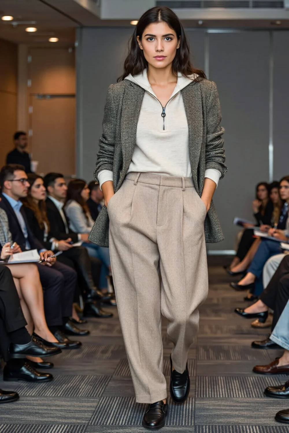 Model walks runway in relaxed wool trousers, cashmere hoodie, and blazer, blending comfort and polished conference-ready style
