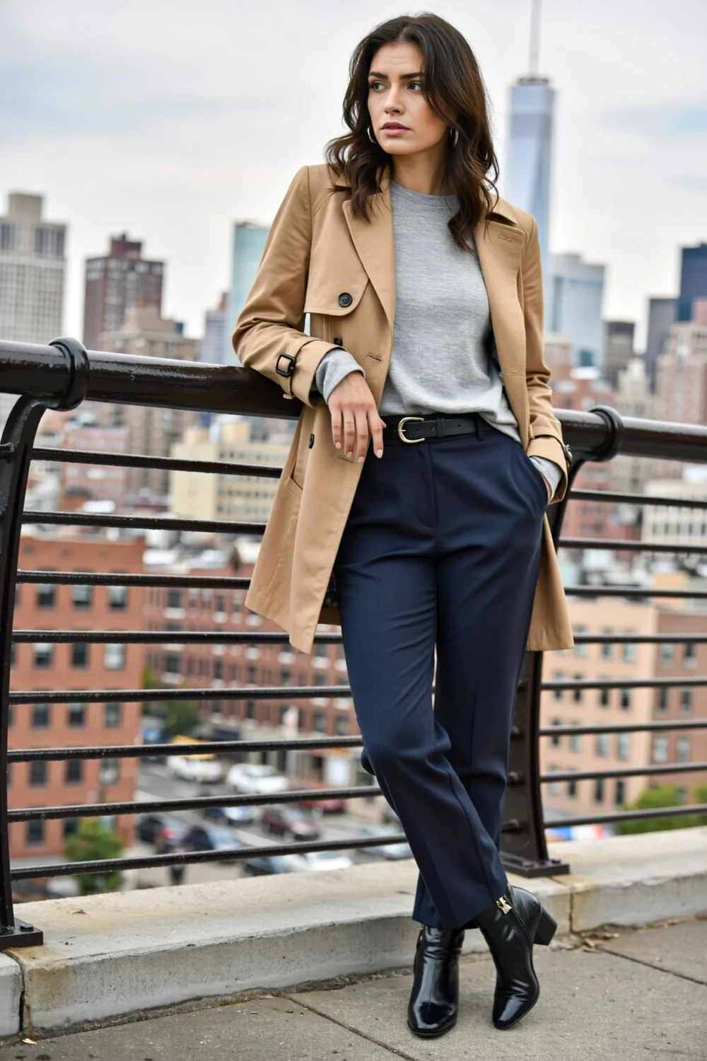 Woman on rooftop wearing heather-gray cashmere tee, structured navy pants, tan trench and black ankle boots, city skyline backdrop
