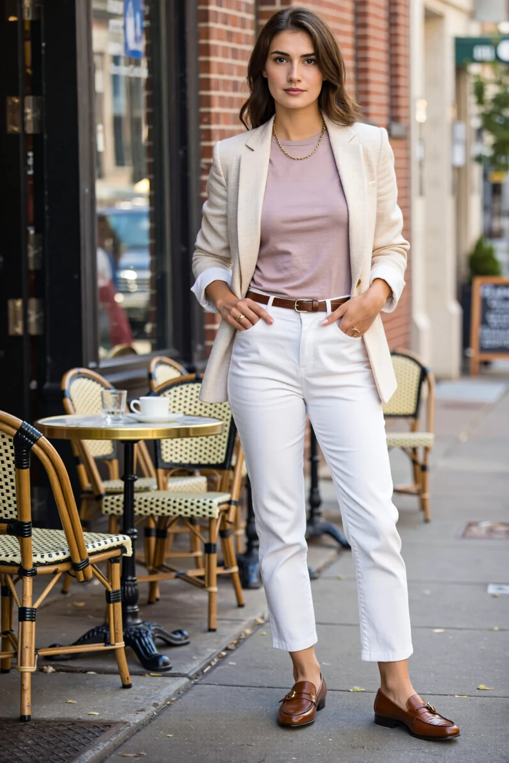 Woman in heather tee, white chinos, beige blazer, and cognac loafers, styled for a polished city-ready summer look outdoors.