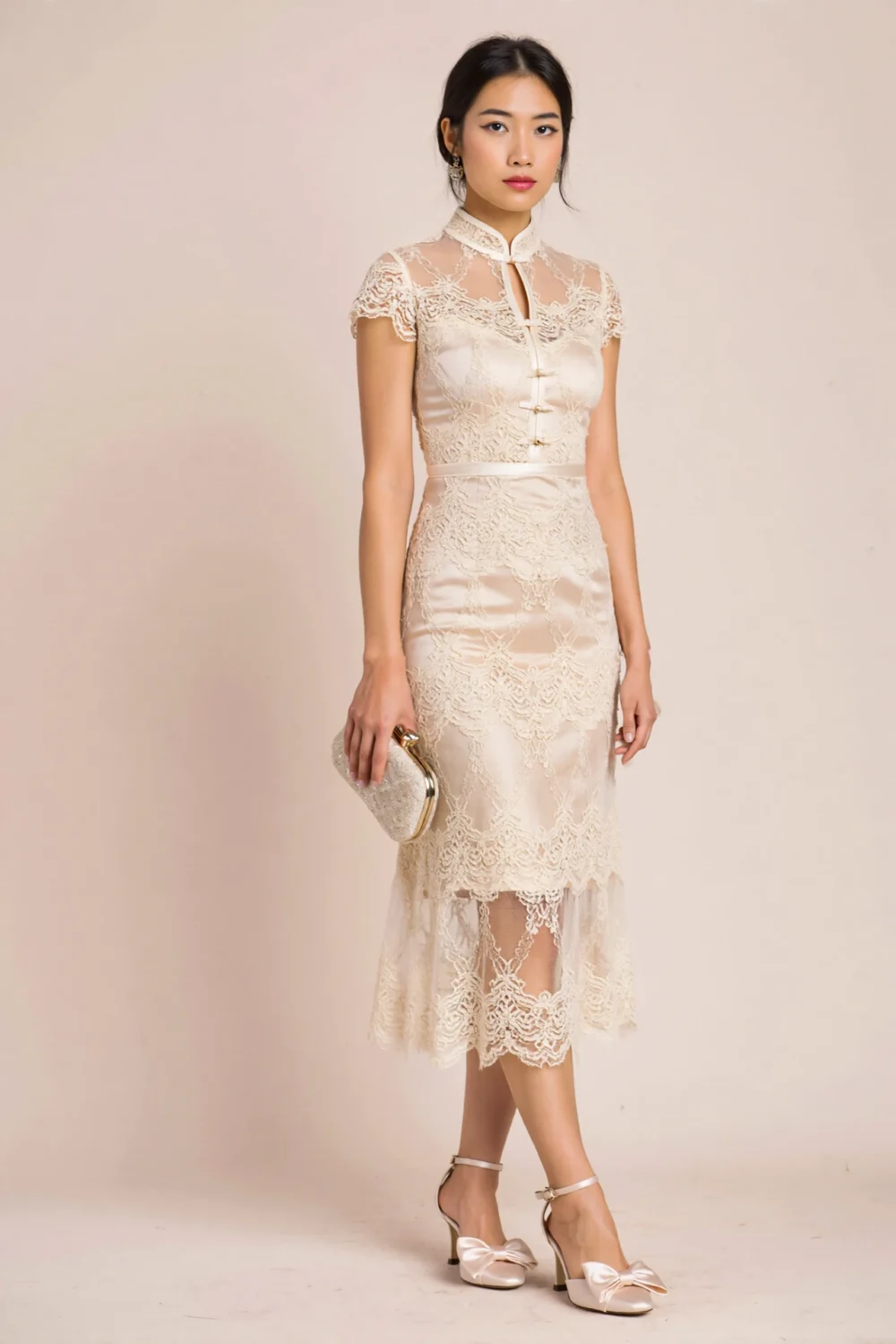 High-neck lace midi dress with sheer panels and satin bow pumps, creating a vintage-inspired fall wedding look with feminine elegance