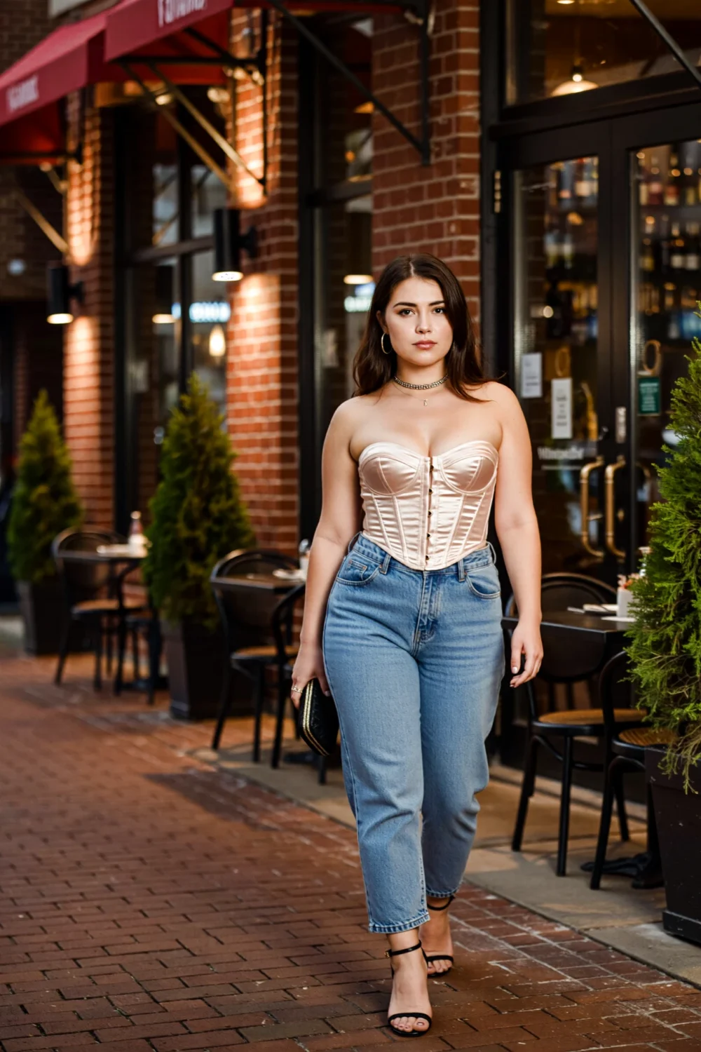 Woman in high-rise relaxed light blue jeans with satin corset top, heeled sandals, choker and clutch, glossy hair, confident walk