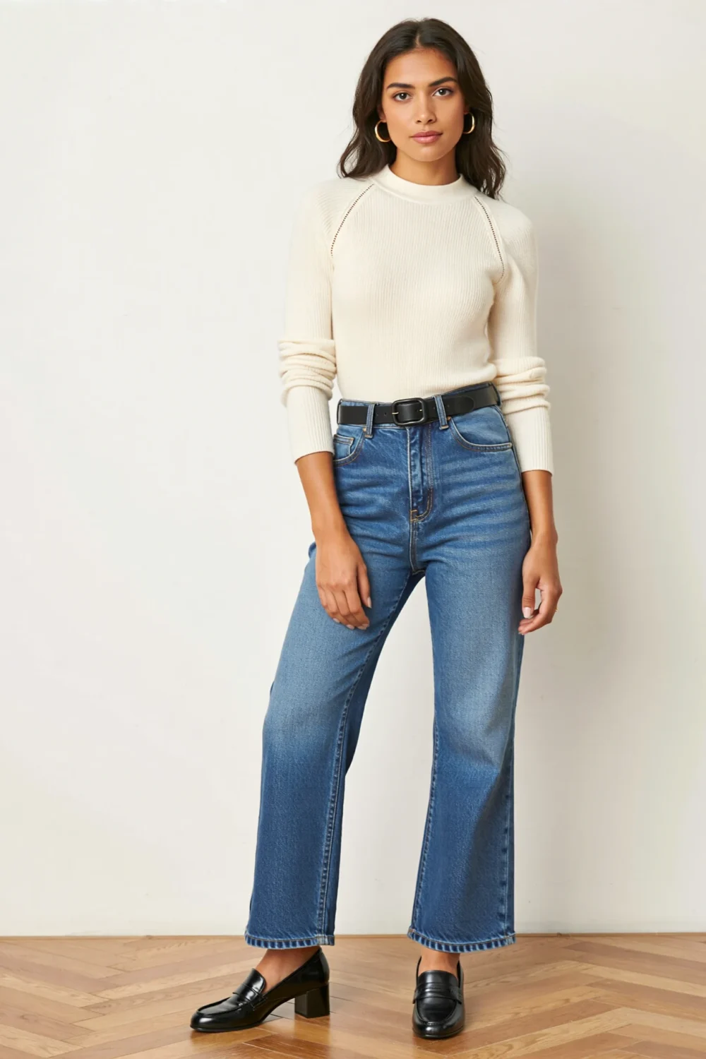 Woman in tucked cream knit, high-rise wide-leg jeans, black belt and loafers for a polished holiday-ready casual look