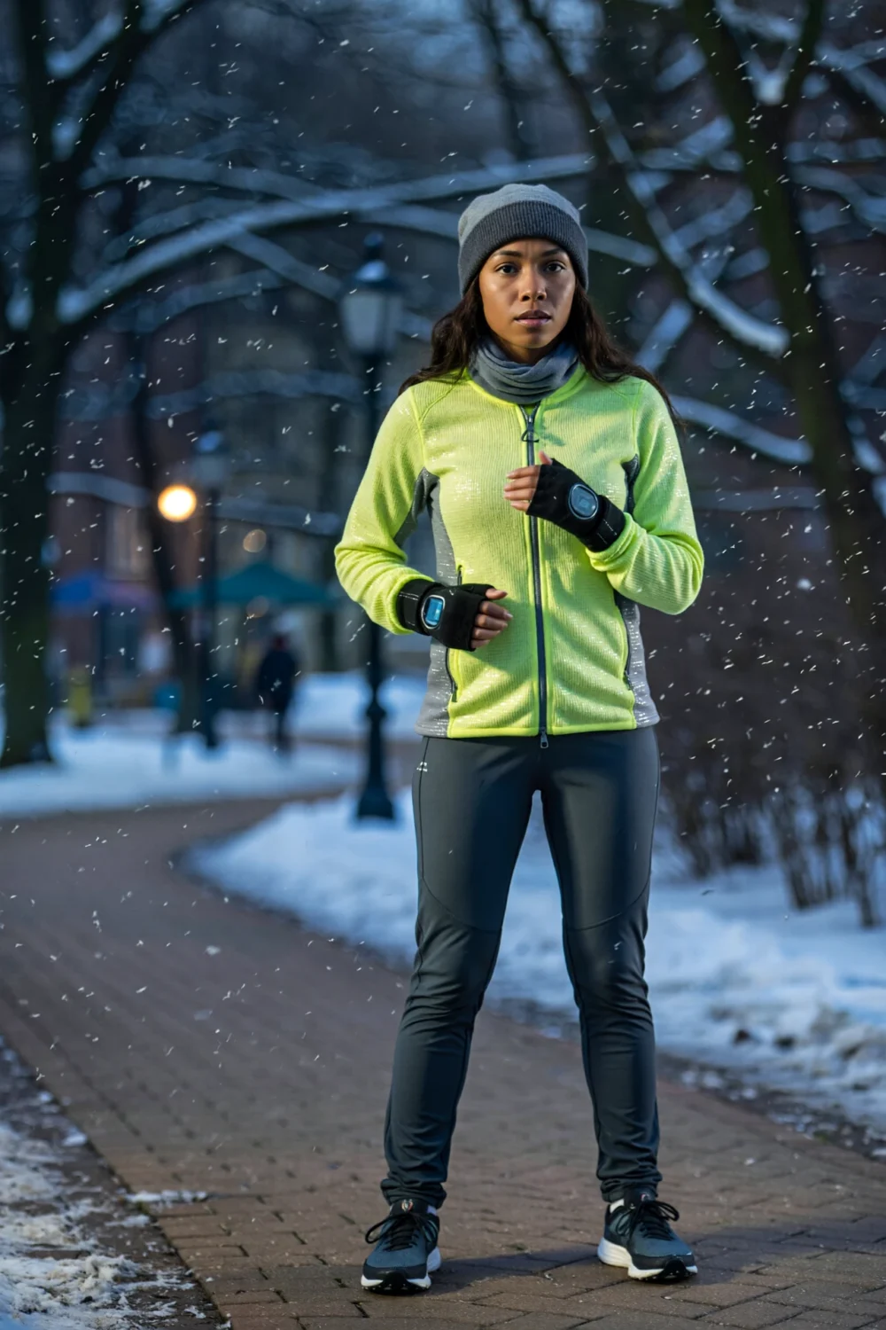 Woman runner in high-vis micro-reflective knit shell with convertible mitt cuffs, cinch hem and softshell joggers in falling snow