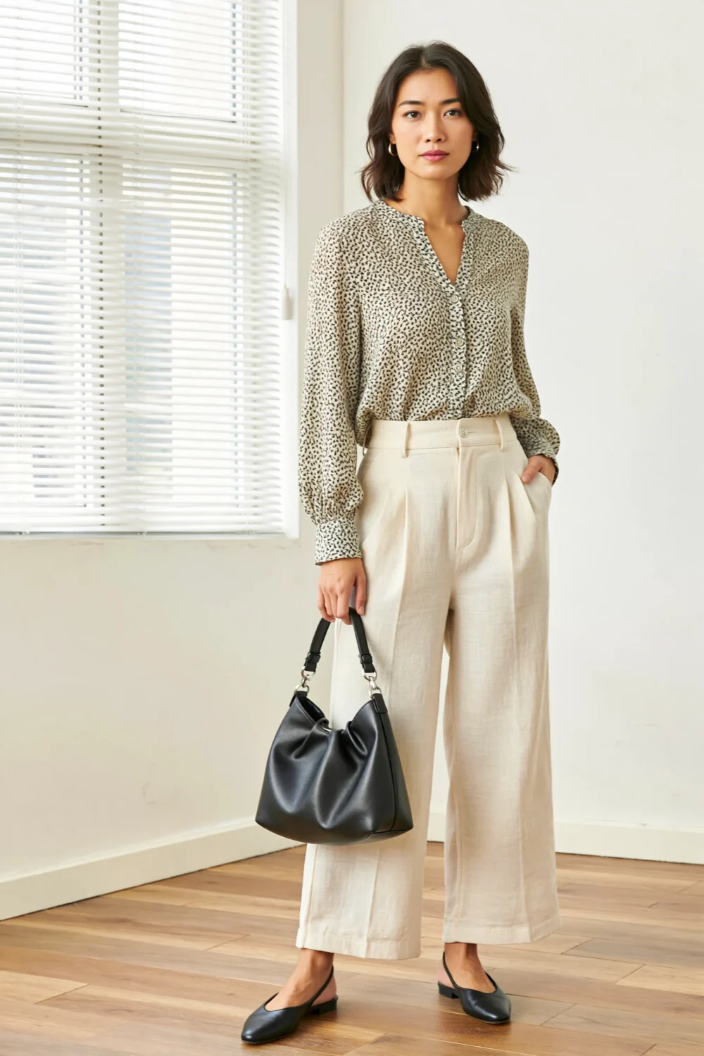 Model in high-waist wide-leg linen trousers, micro-print blouse, slingback flats and black leather bag in a polished casual look
