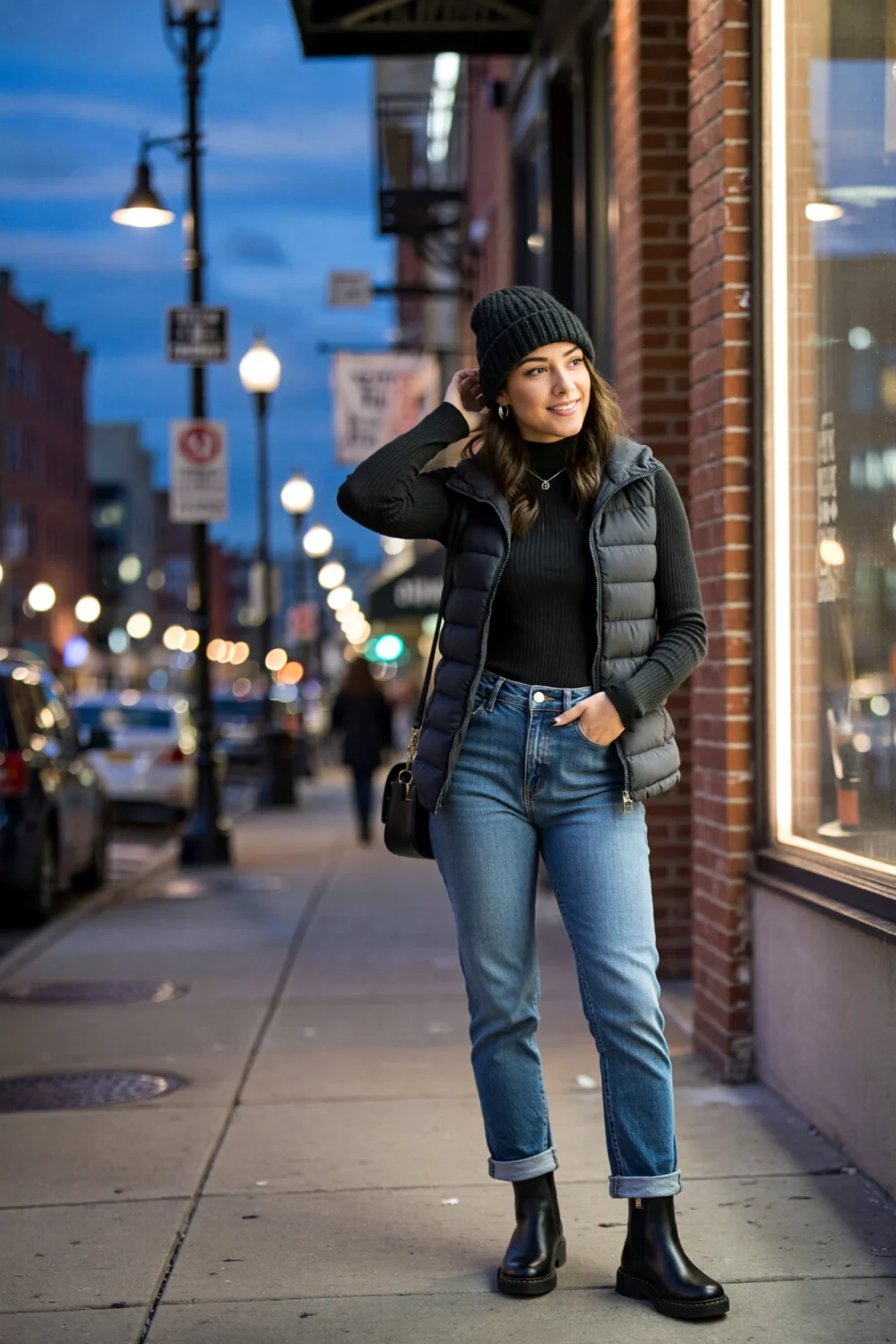 Young woman wearing high-waisted jeans, ribbed turtleneck, cropped puffer vest, beanie and ankle boots on city sidewalk at dusk