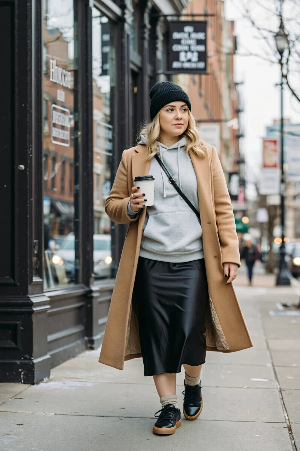 Woman walking city in a long camel wool coat over grey hoodie and satin slip, black beanie, leather sneakers and wool socks casual