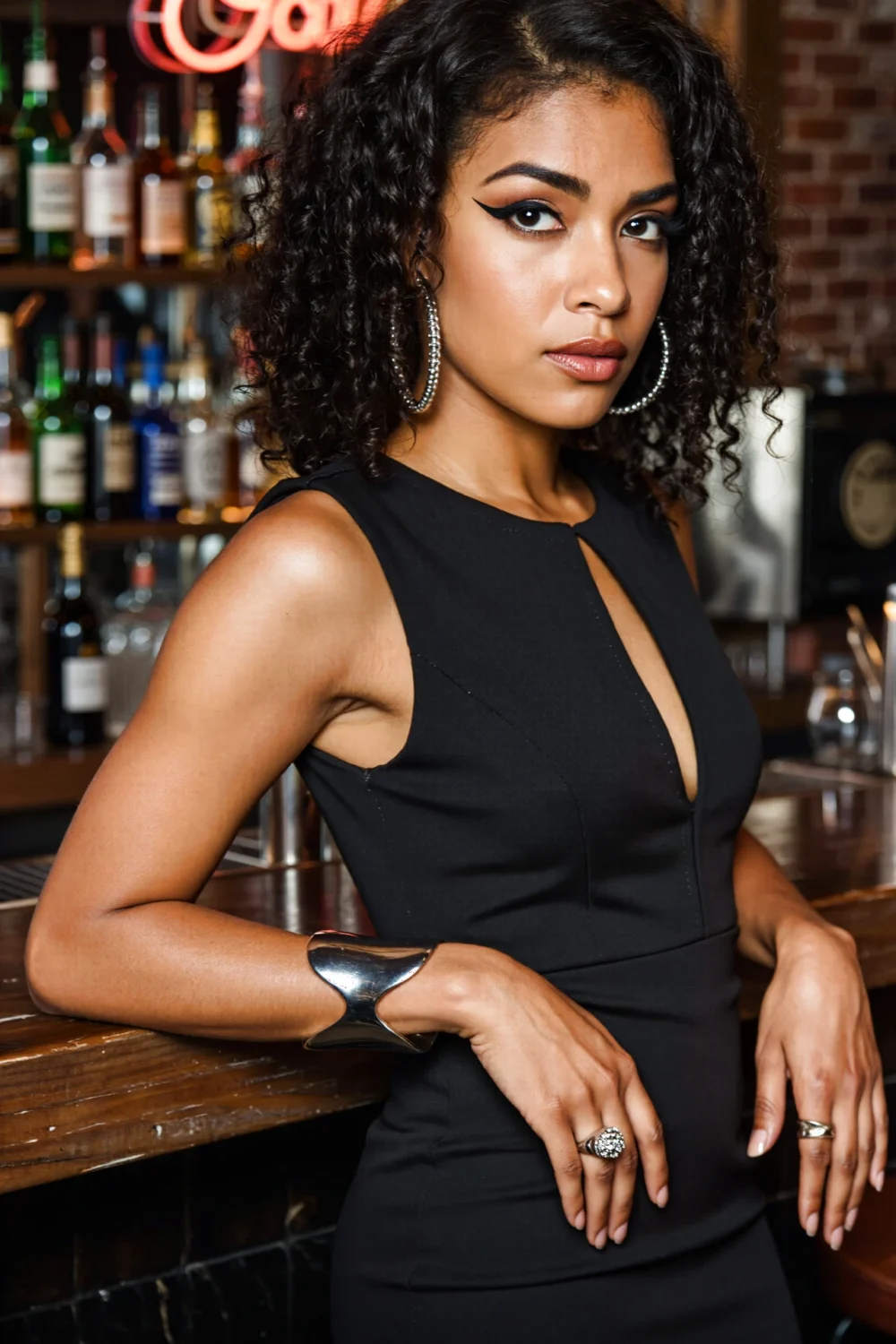 Woman in a little black dress at a bar wearing midsize hoop earrings, a sculptural silver cuff, edgy and one bold statement ring.