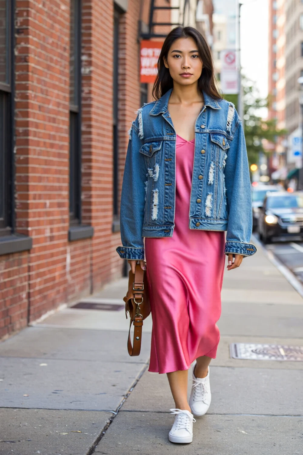 Woman in hot pink dress with oversized distressed denim jacket and white sneakers walking on a city sidewalk, off-duty style