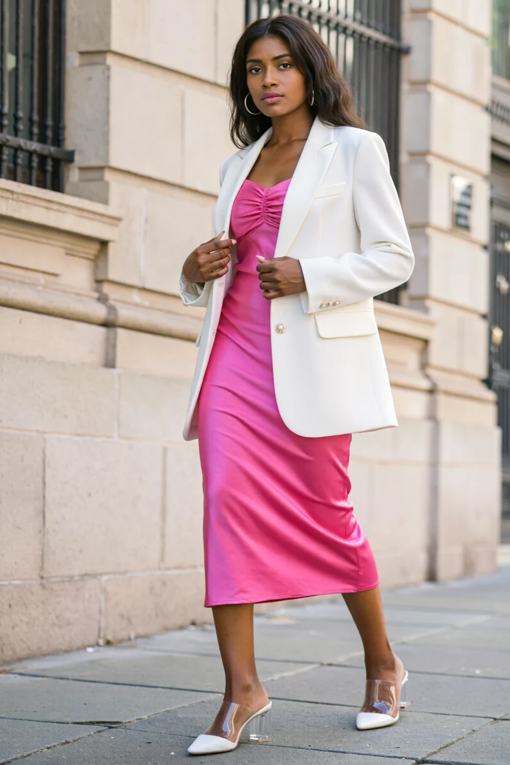 Woman in a hot pink midi dress with a crisp white blazer and clear heel slingbacks, styled for a chic high-contrast look