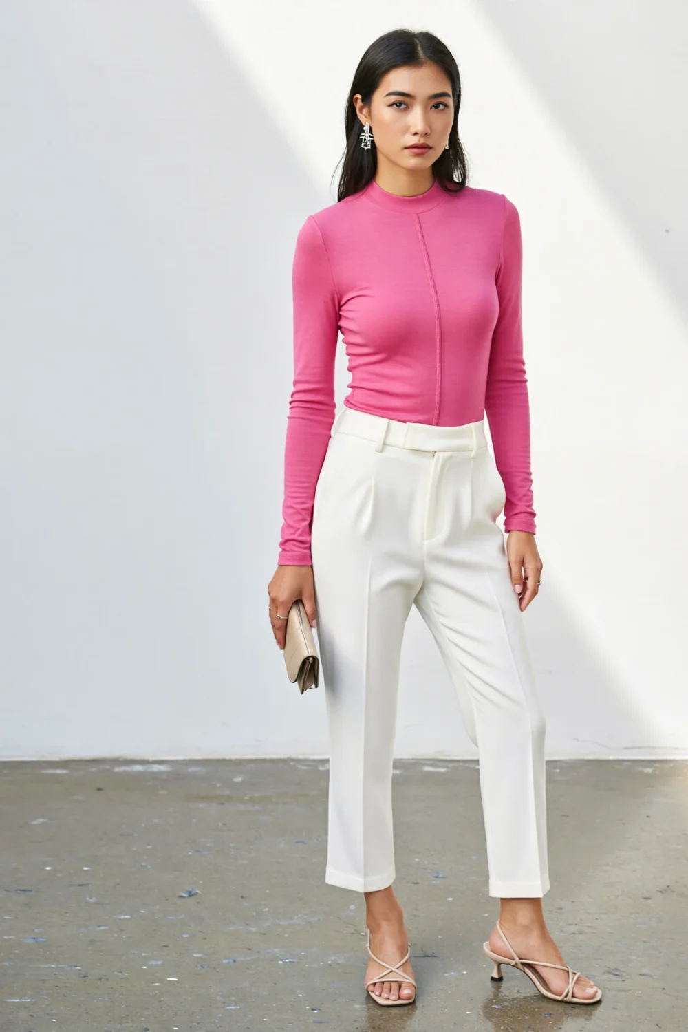 Woman in hot pink minimalist top with white trousers, nude slingback heels, and a micro clutch, styled sleek and modern