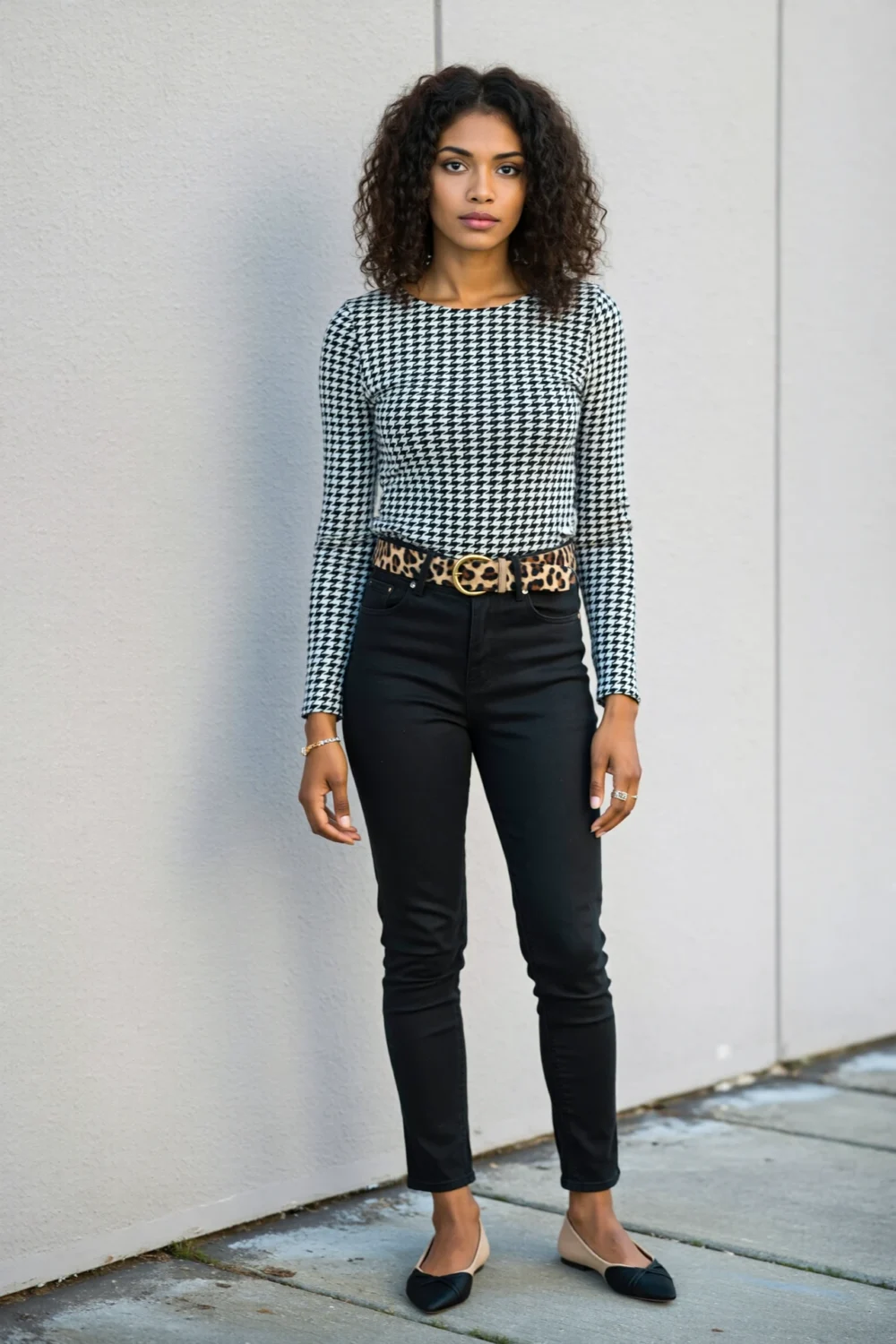 Woman wearing small-scale houndstooth top with black skinny jeans and a leopard-print belt, neutral flats and minimal jewelry.