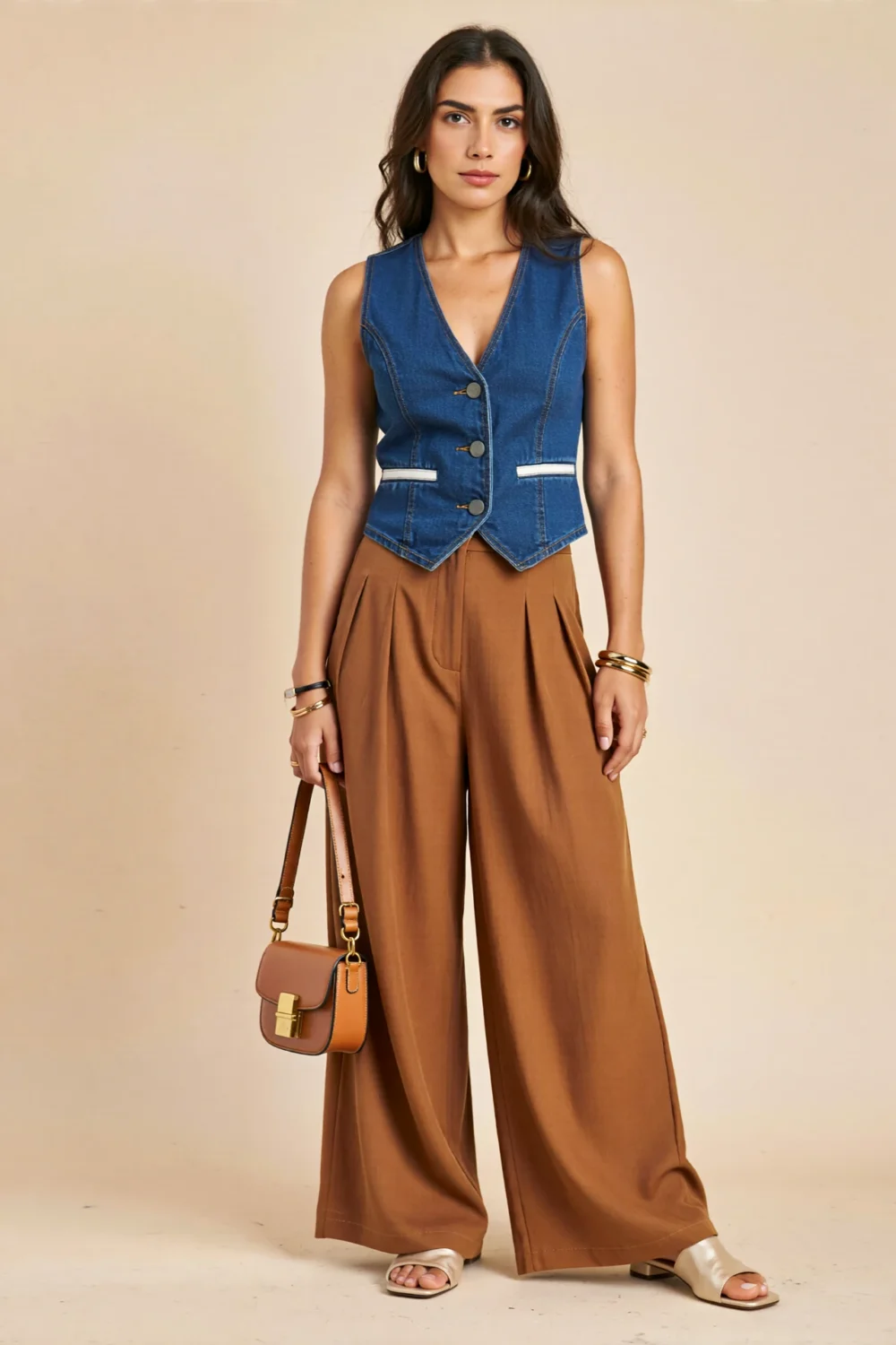 Woman in an indigo denim vest and toffee pleated trousers, styled with a crossbody bag for a modern, elegant reunion look.
