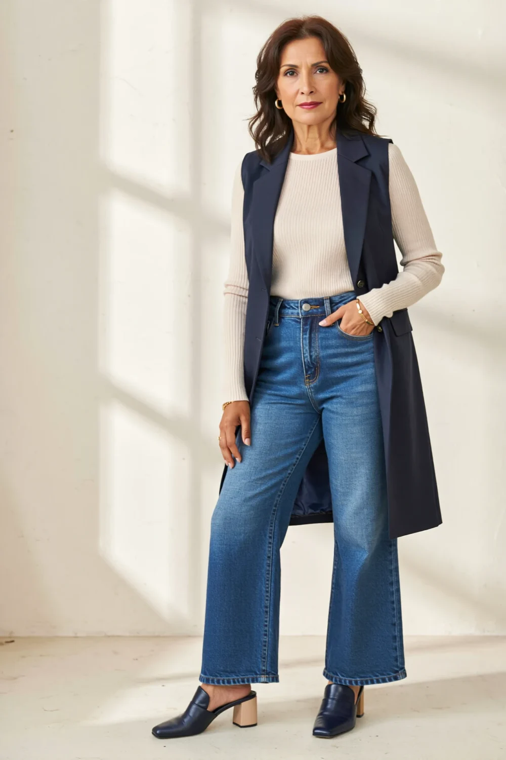 Woman in indigo longline vest, ribbed knit shell, wide-leg trouser jeans, and block-heel mules for a poised modern outfit