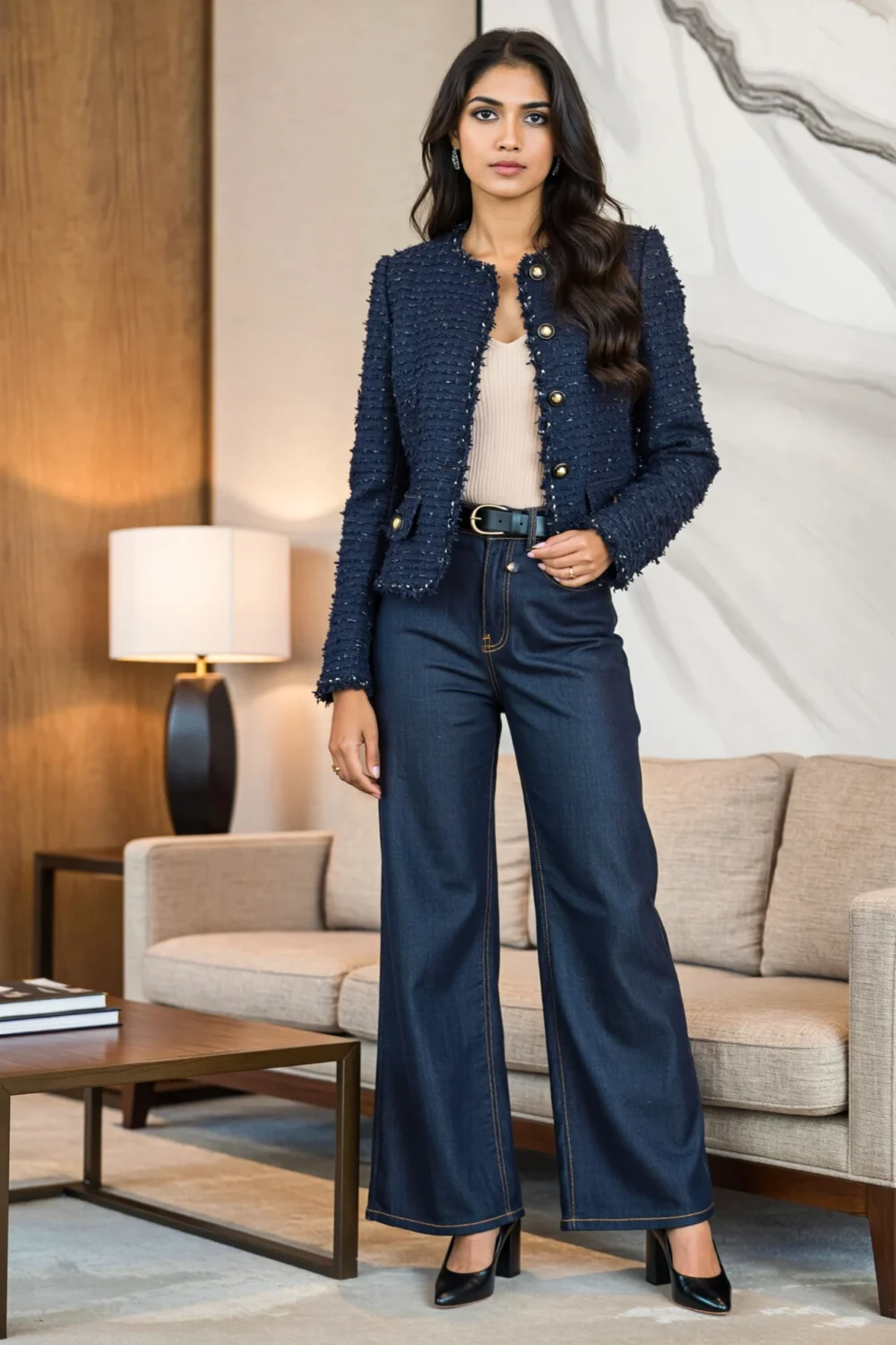 Indigo wide-leg jeans with a cropped tweed jacket and fine-knit top create a tailored, luxe office-ready look with pressed creases.