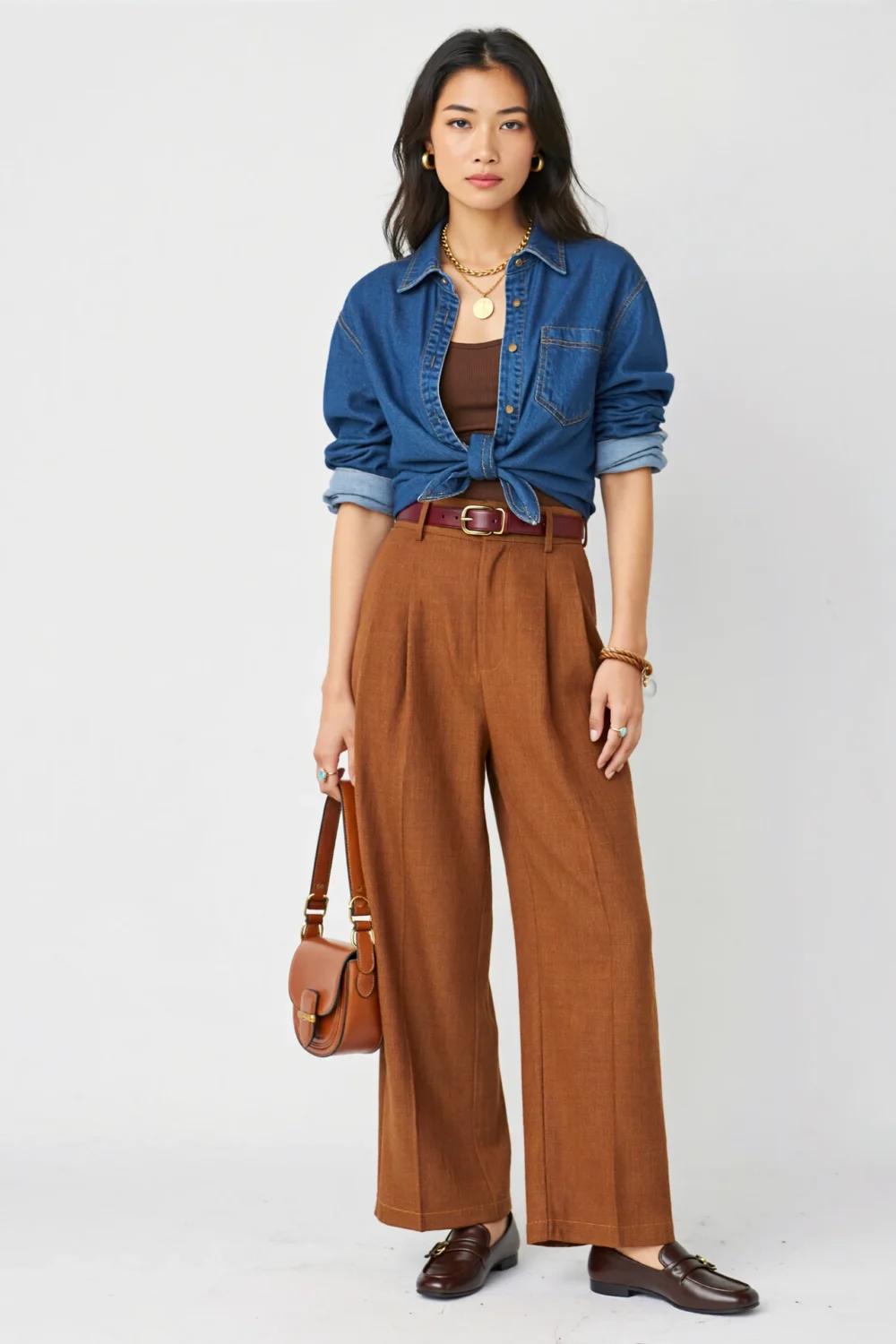 Woman in cropped indigo shirt and cinnamon wide-leg trousers with warm accessories and Mary Jane flats for relaxed, creative style