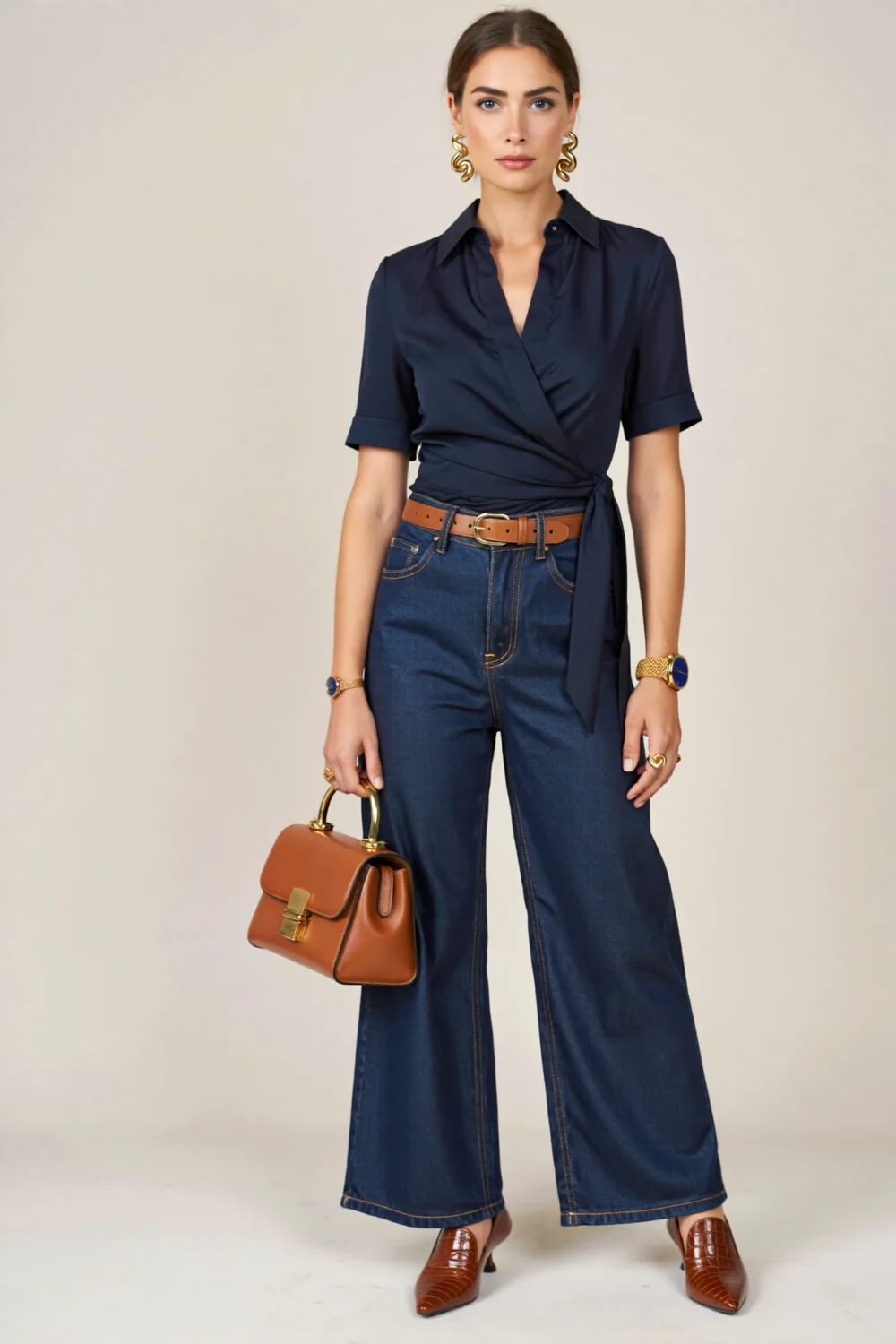 Woman in navy wrap blouse, dark denim wide-leg pants, cognac belt, handbag, and heels for a polished reunion outfit idea.