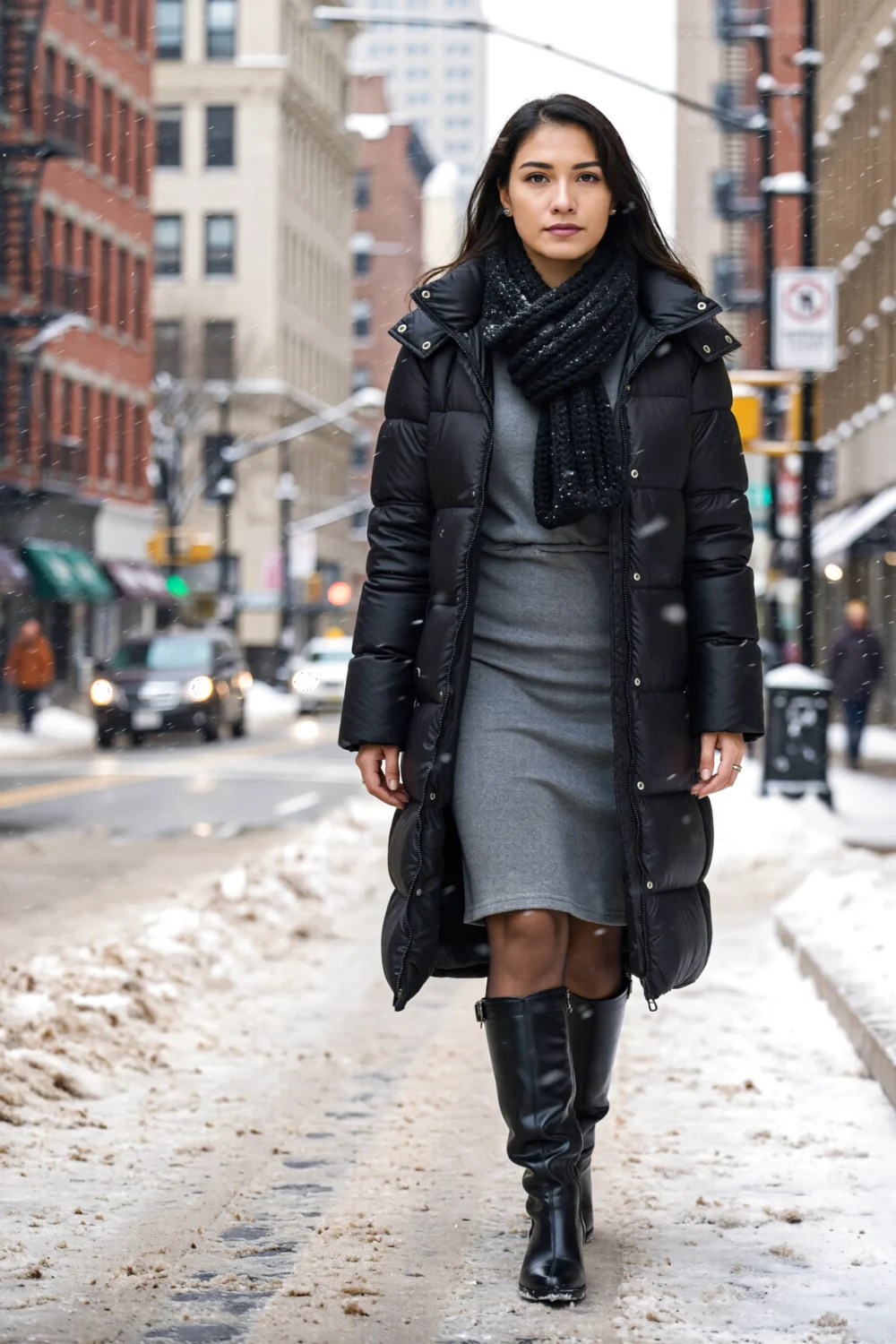 Woman walking on a snowy city street in a long insulated black puffer over a grey midi dress with a warm scarf and knee-high boots